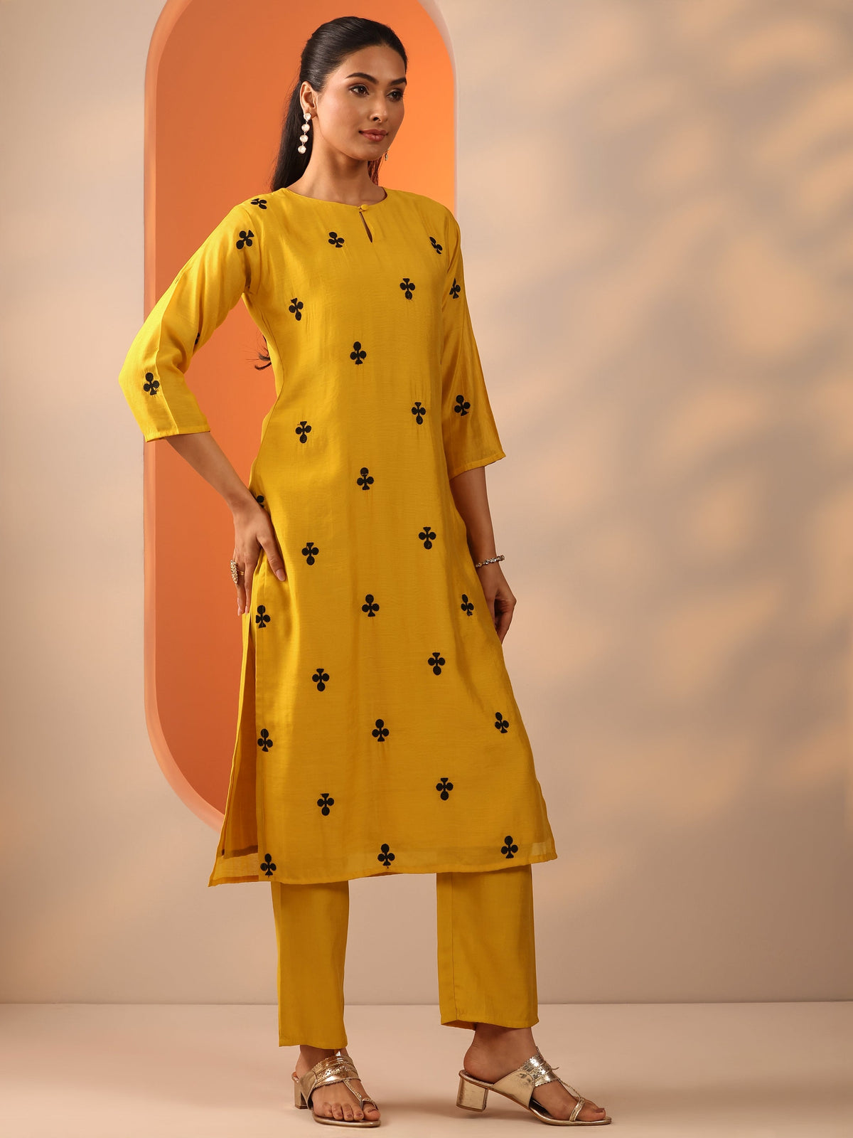 Anouk Mustard Embroidered Cotton Blend Straight Suit Set With Dupatta