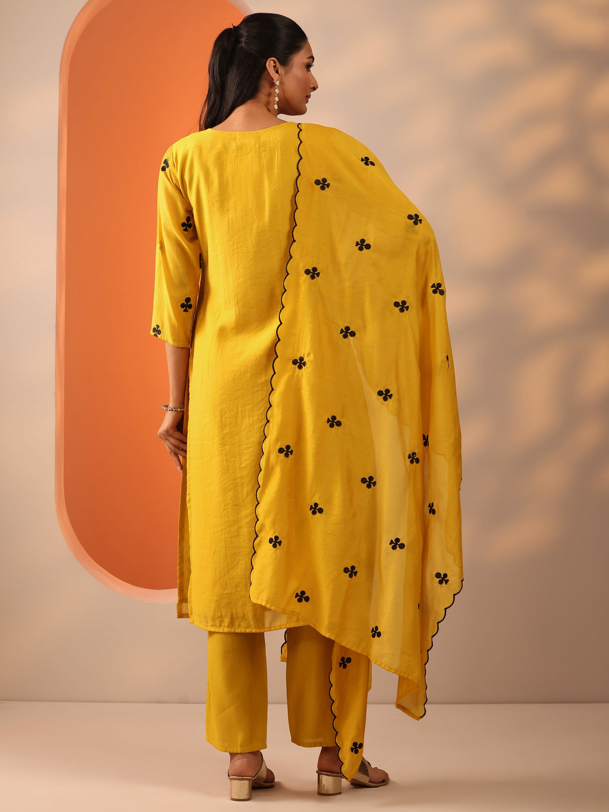 Anouk Mustard Embroidered Cotton Blend Straight Suit Set With Dupatta