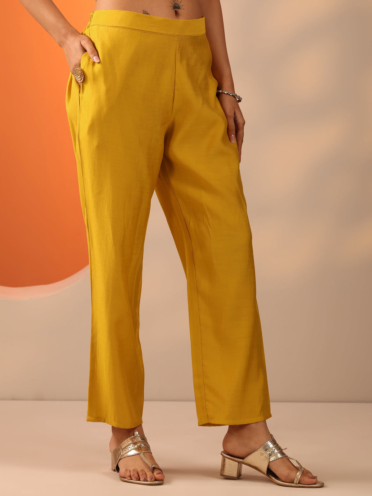 Anouk Mustard Embroidered Cotton Blend Straight Suit Set With Dupatta
