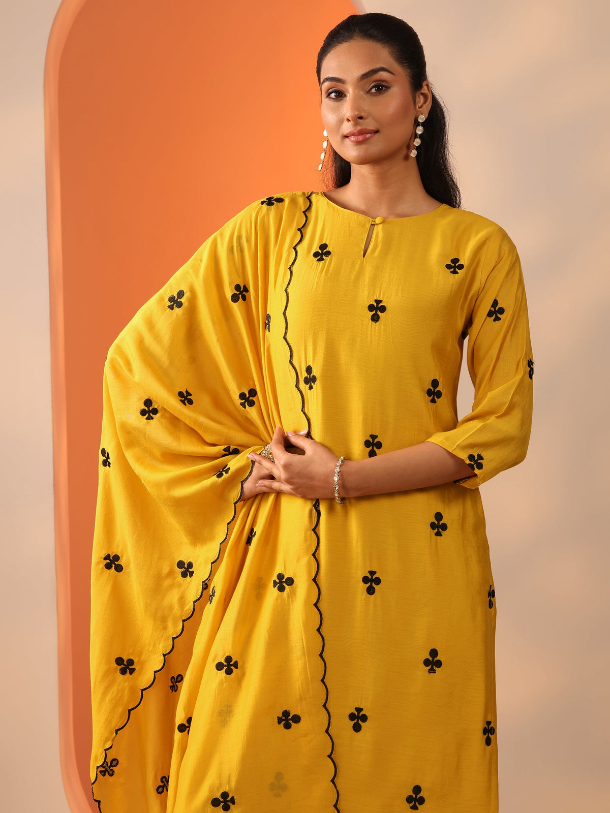 Anouk Mustard Embroidered Cotton Blend Straight Suit Set With Dupatta