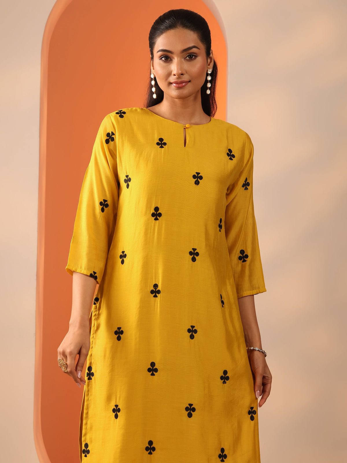 Anouk Mustard Embroidered Cotton Blend Straight Suit Set With Dupatta