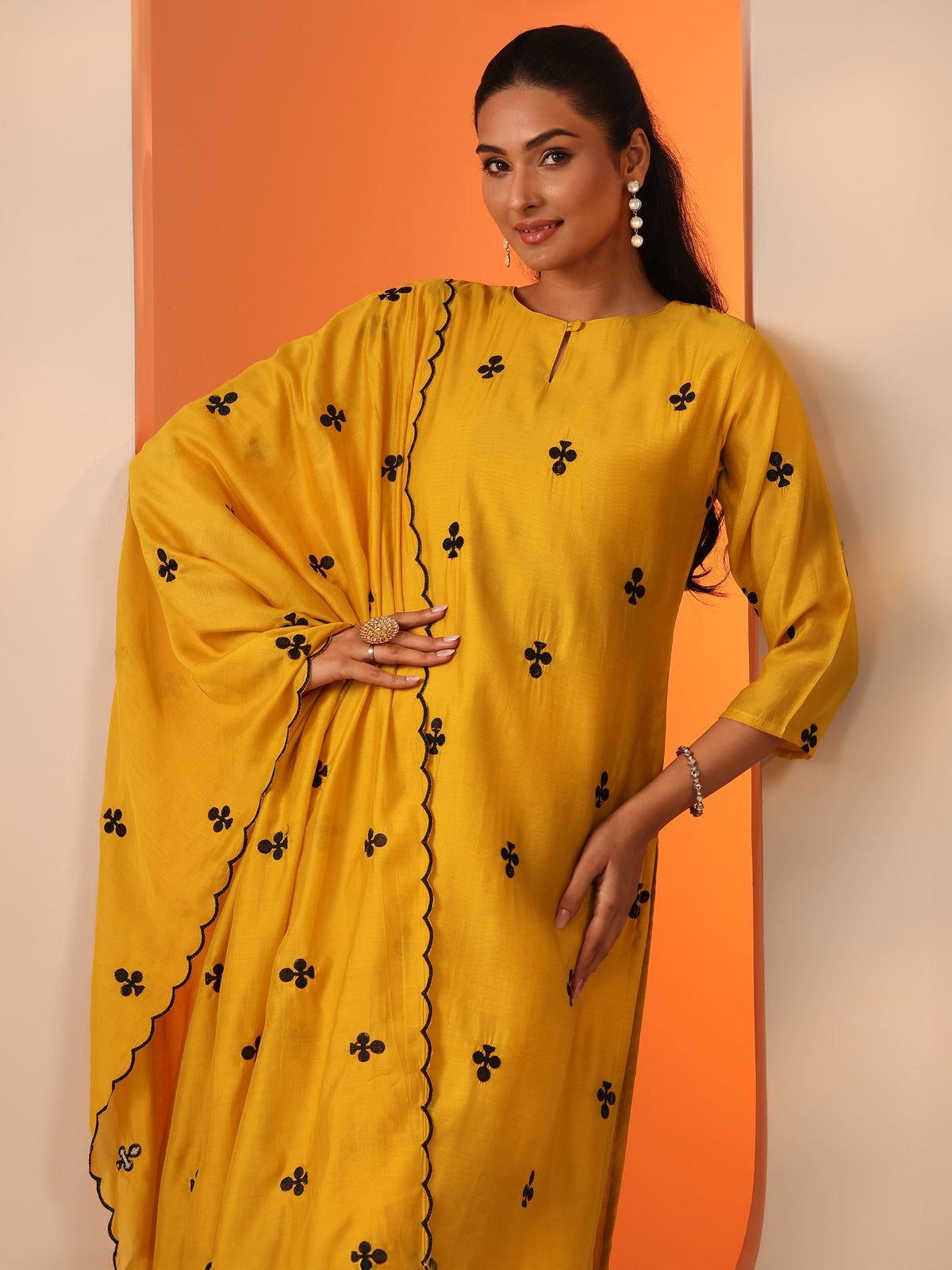 Anouk Mustard Embroidered Cotton Blend Straight Suit Set With Dupatta
