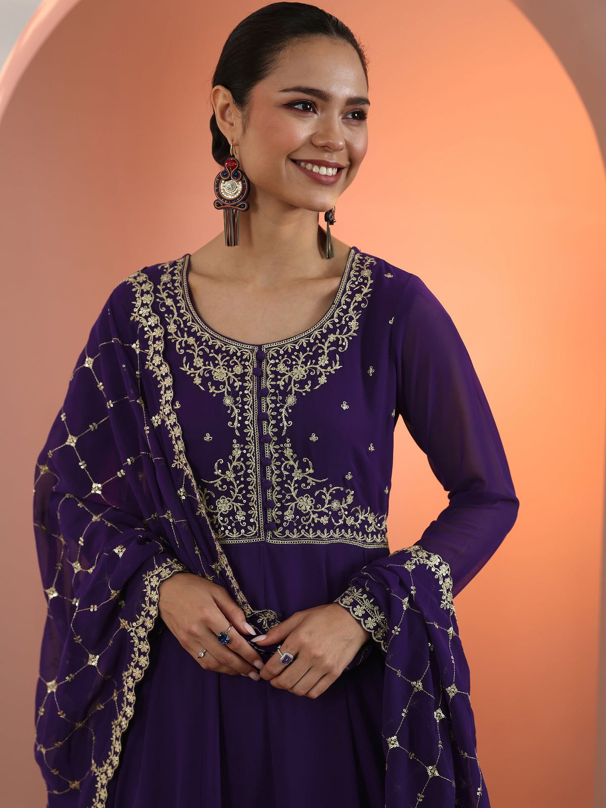 Anouk Purple Embellished Georgette Anarkali Suit Set With Dupatta