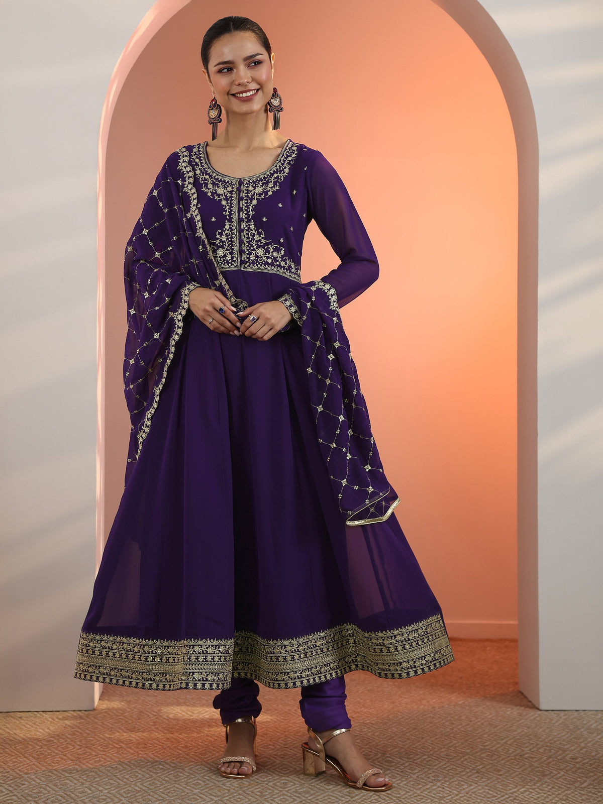Anouk Purple Embellished Georgette Anarkali Suit Set With Dupatta