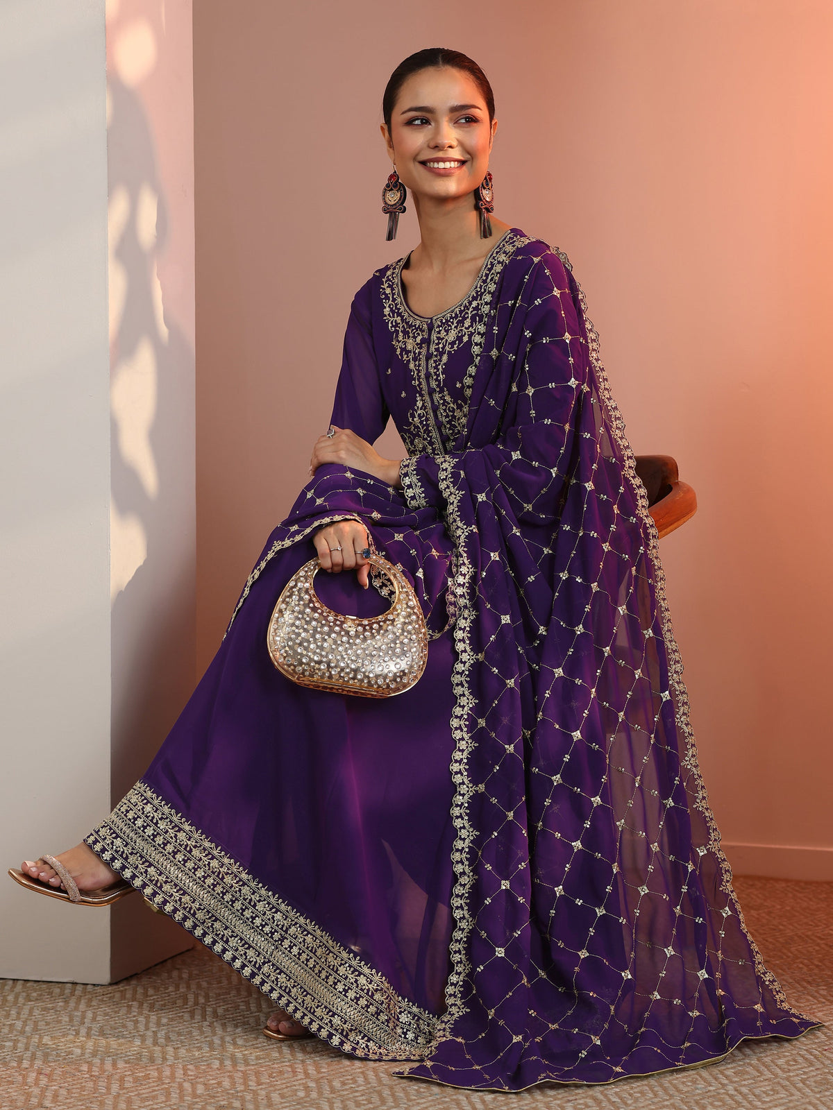 Anouk Purple Embellished Georgette Anarkali Suit Set With Dupatta