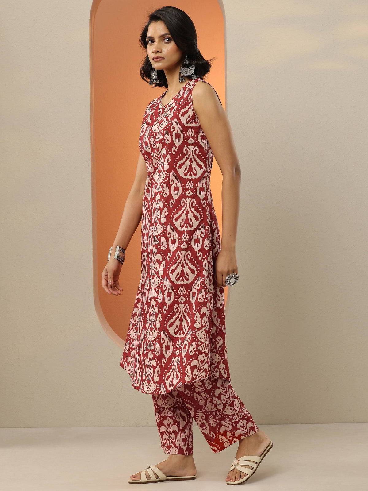 Anouk Maroon Printed Cotton Blend  A-Line Kurta Set