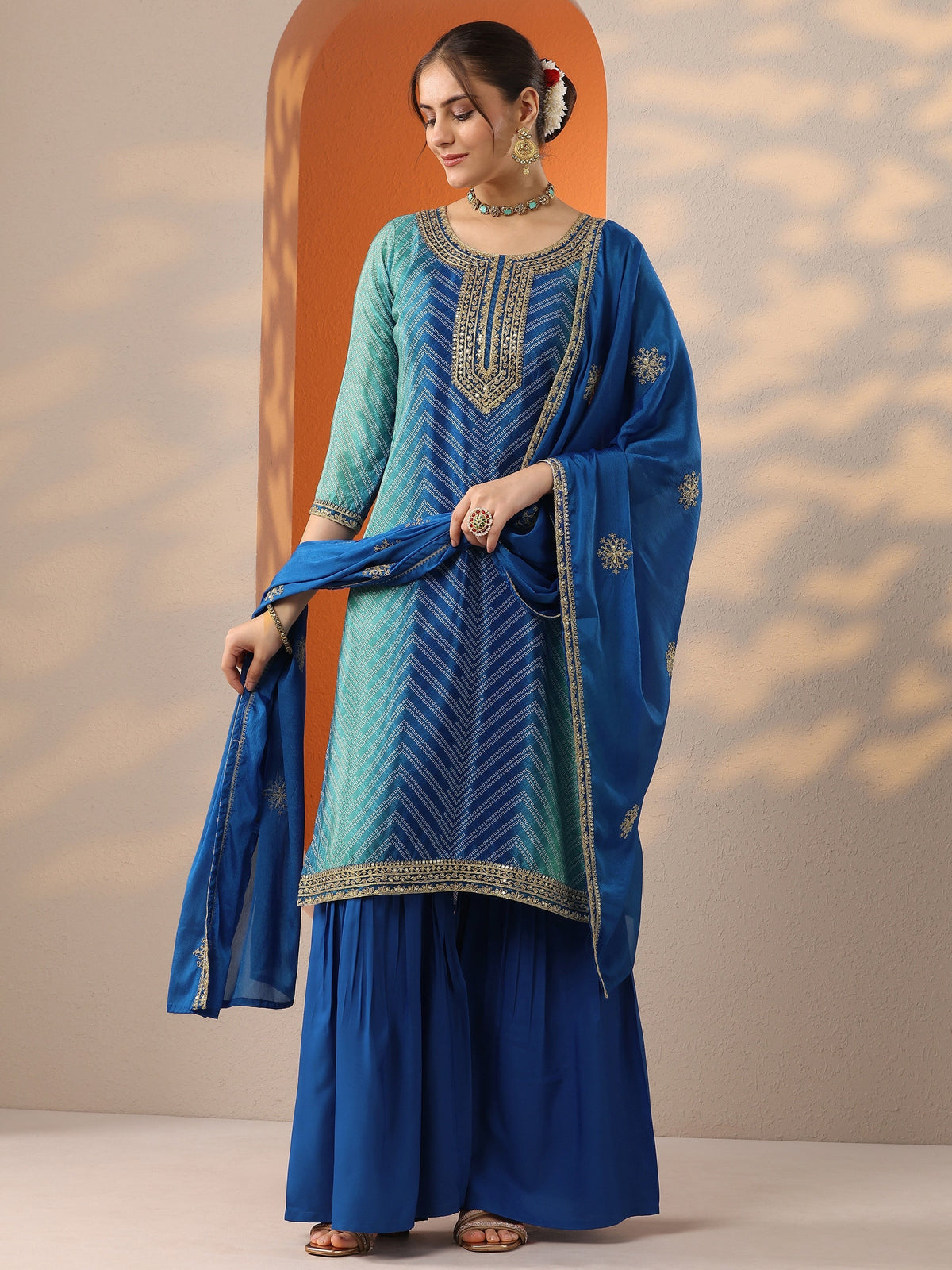 Anouk Blue Printed Chinon Straight Suit Set With Dupatta