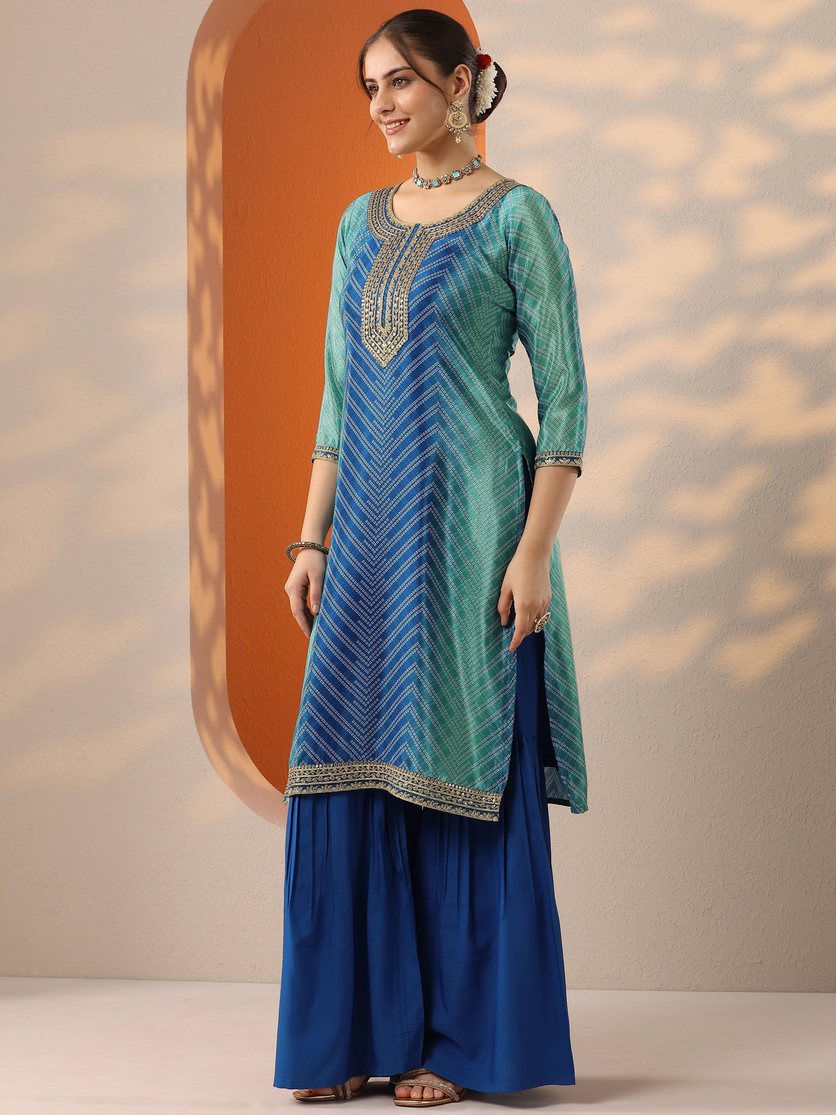 Anouk Blue Printed Chinon Straight Suit Set With Dupatta