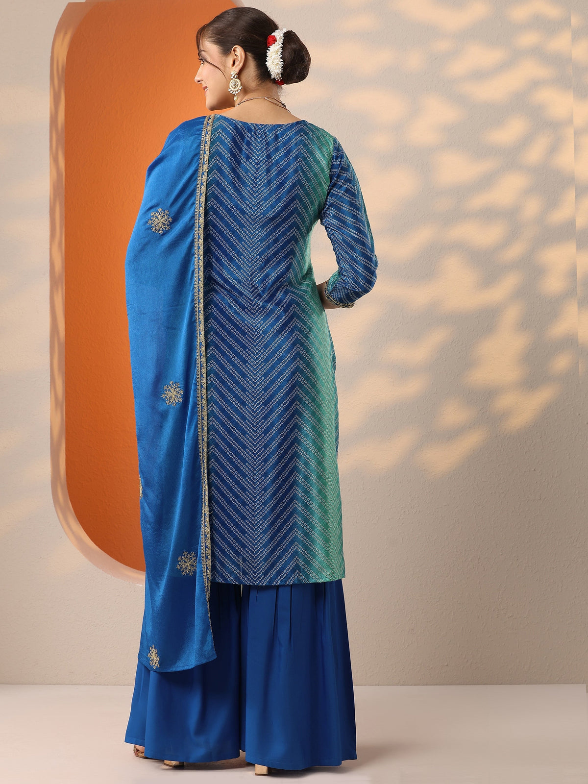 Anouk Blue Printed Chinon Straight Suit Set With Dupatta