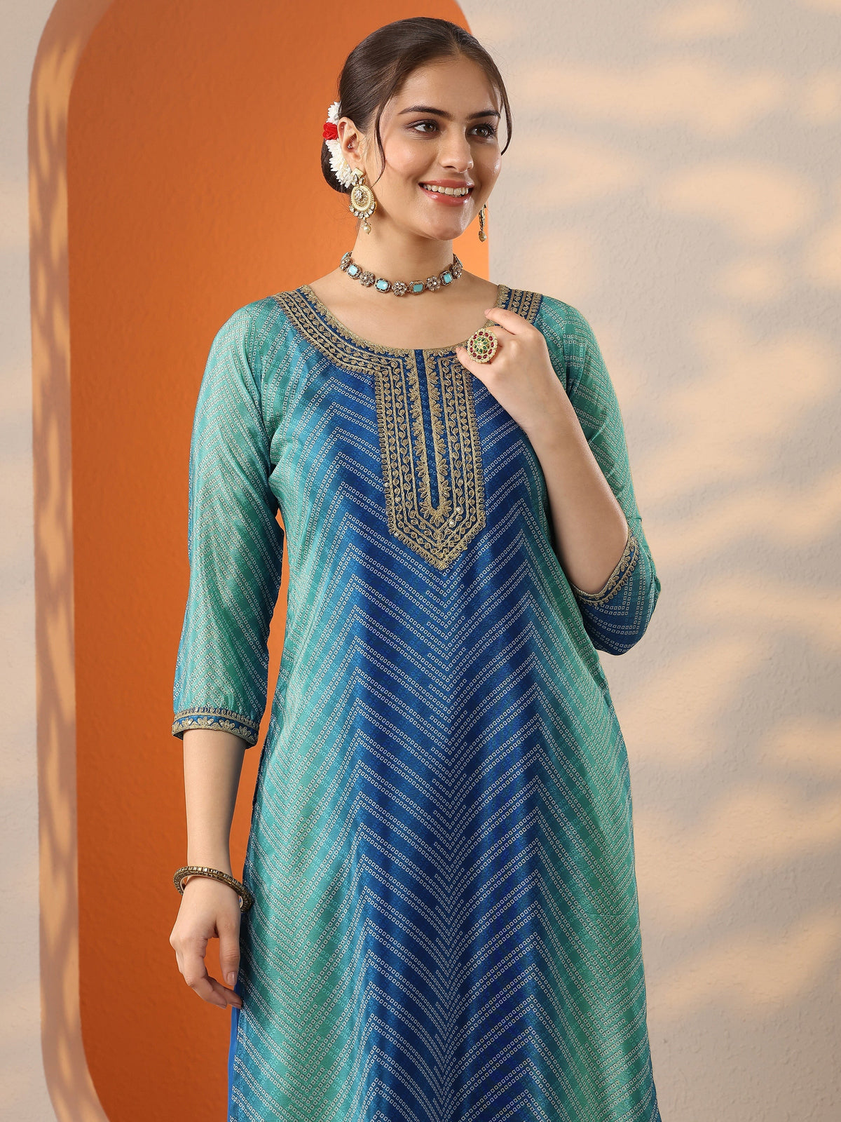 Anouk Blue Printed Chinon Straight Suit Set With Dupatta