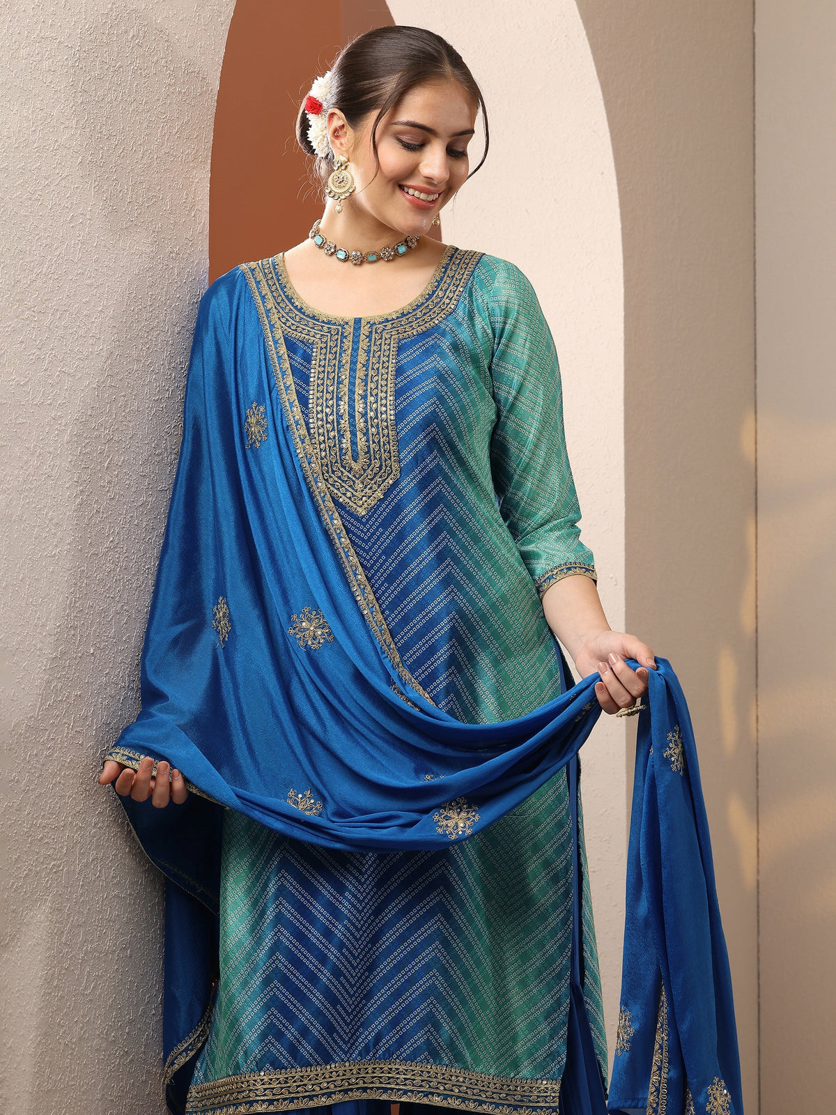 Anouk Blue Printed Chinon Straight Suit Set With Dupatta
