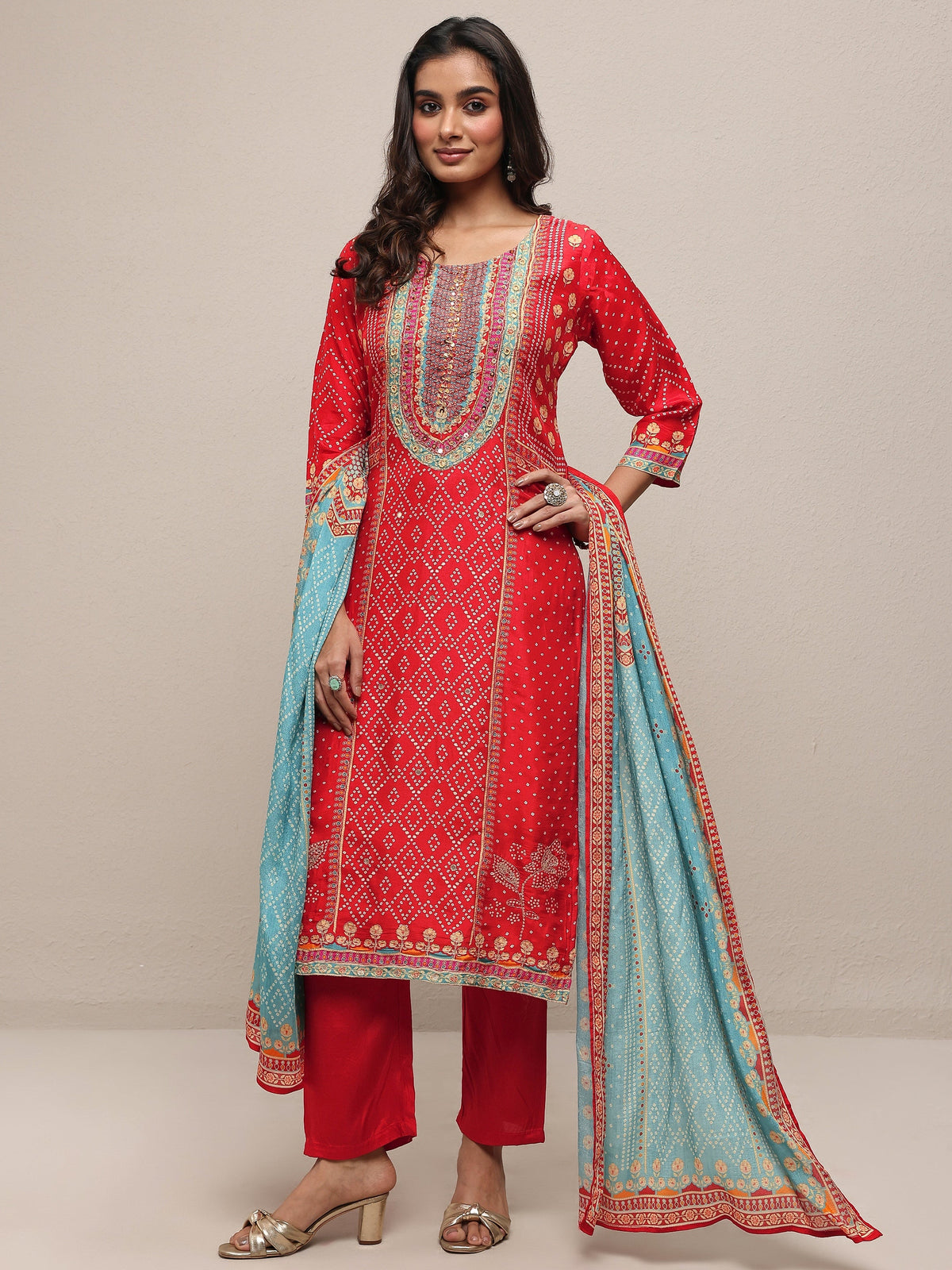 Anouk Red Printed Silk Blend Straight Suit Set With Dupatta