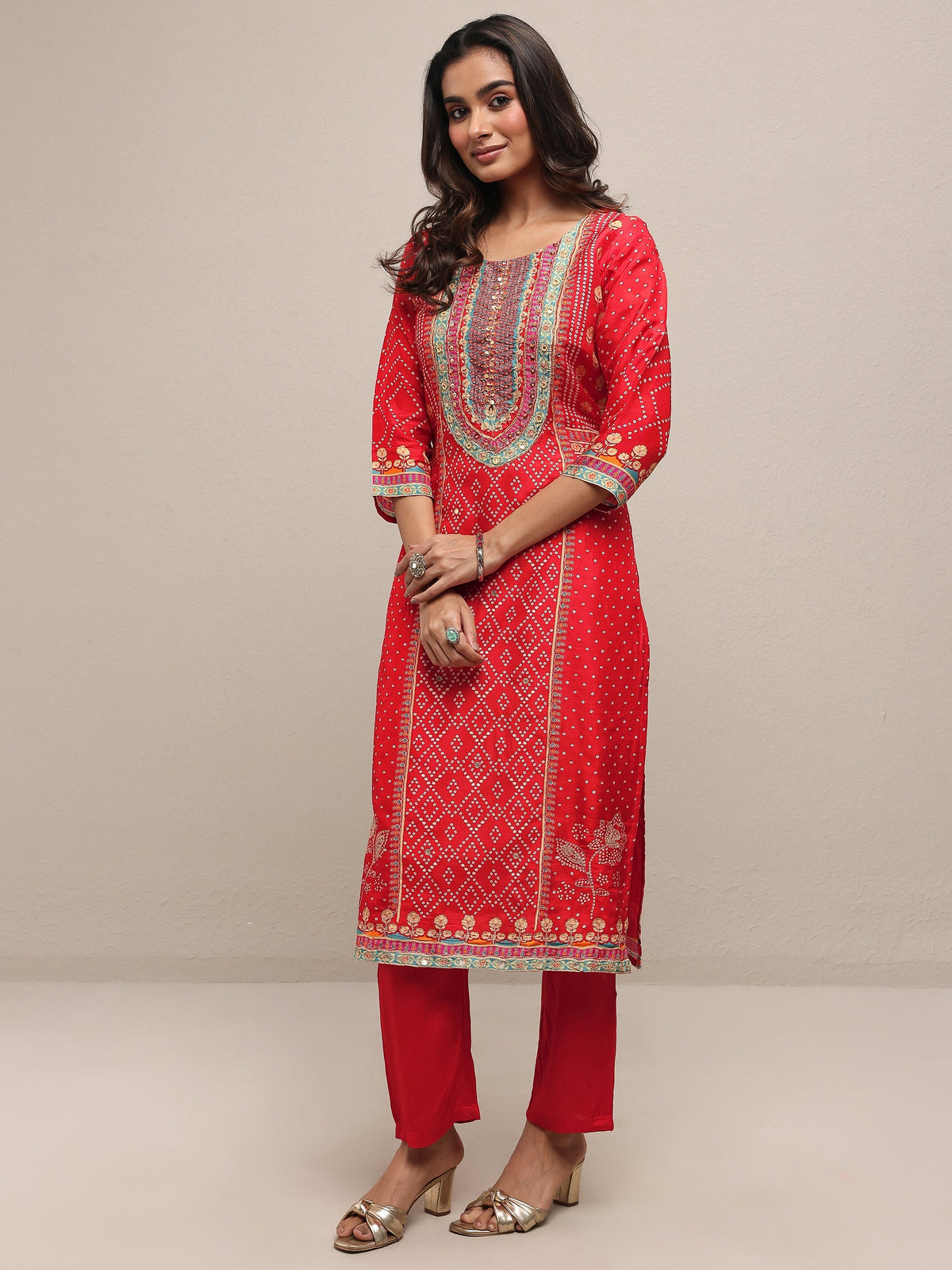 Anouk Red Printed Silk Blend Straight Suit Set With Dupatta