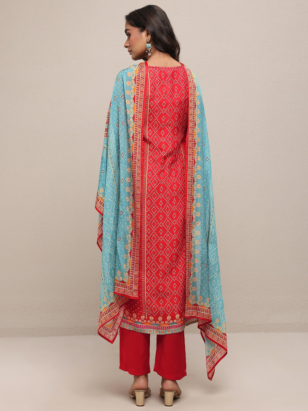 Anouk Red Printed Silk Blend Straight Suit Set With Dupatta