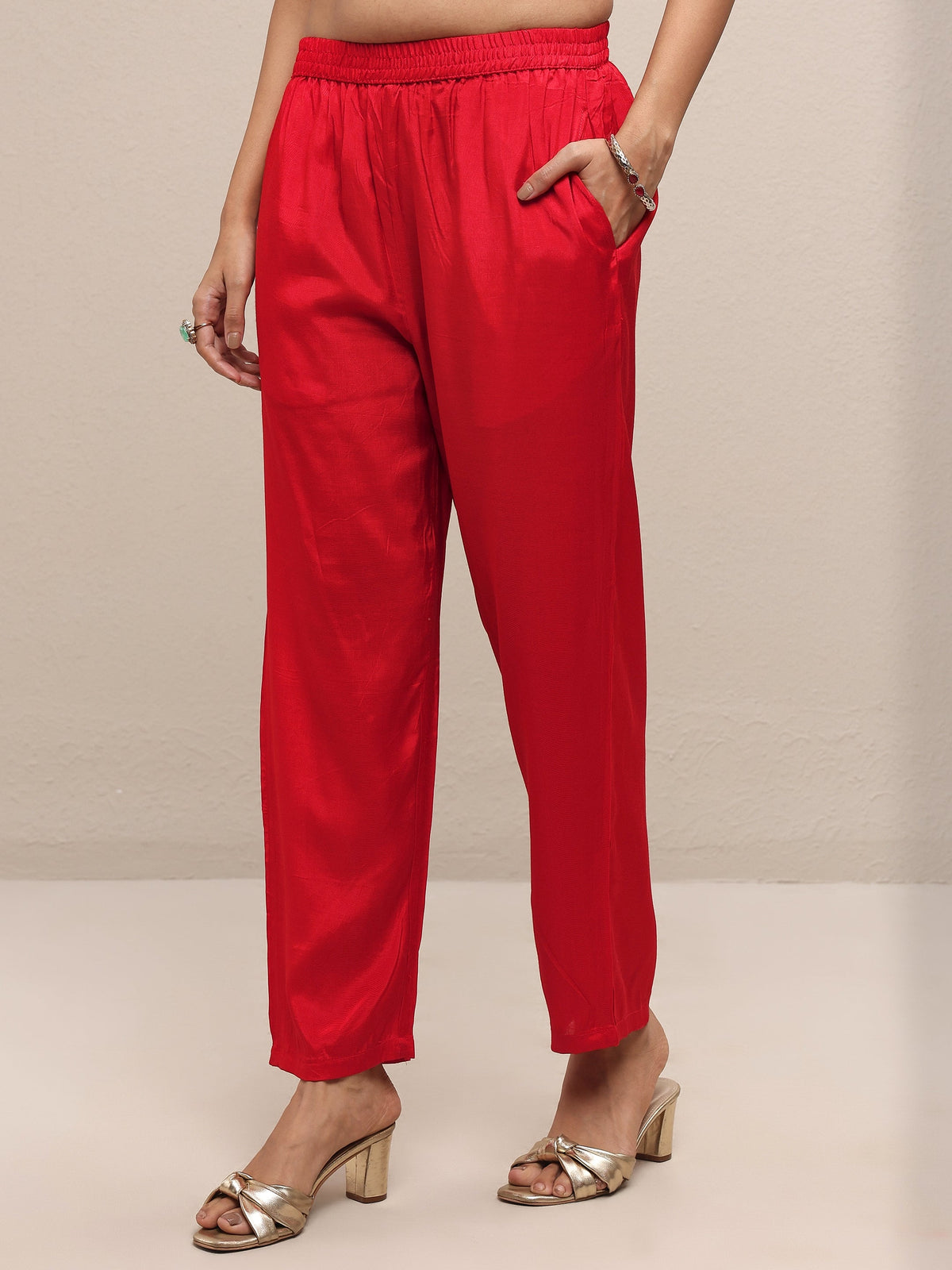 Anouk Red Printed Silk Blend Straight Suit Set With Dupatta