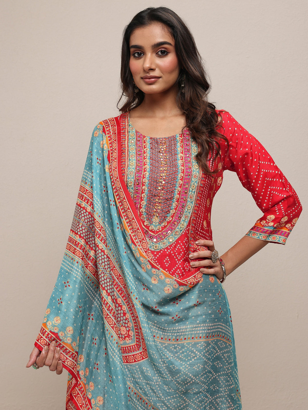 Anouk Red Printed Silk Blend Straight Suit Set With Dupatta