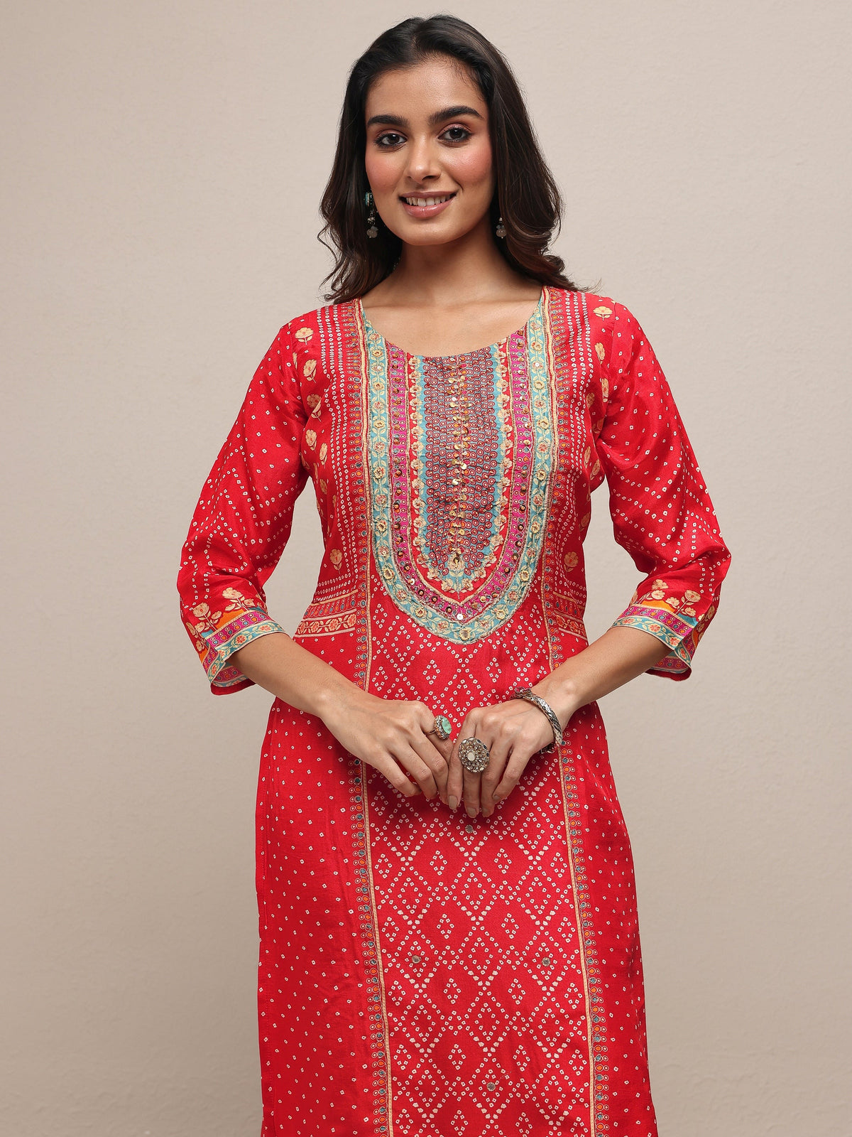 Anouk Red Printed Silk Blend Straight Suit Set With Dupatta
