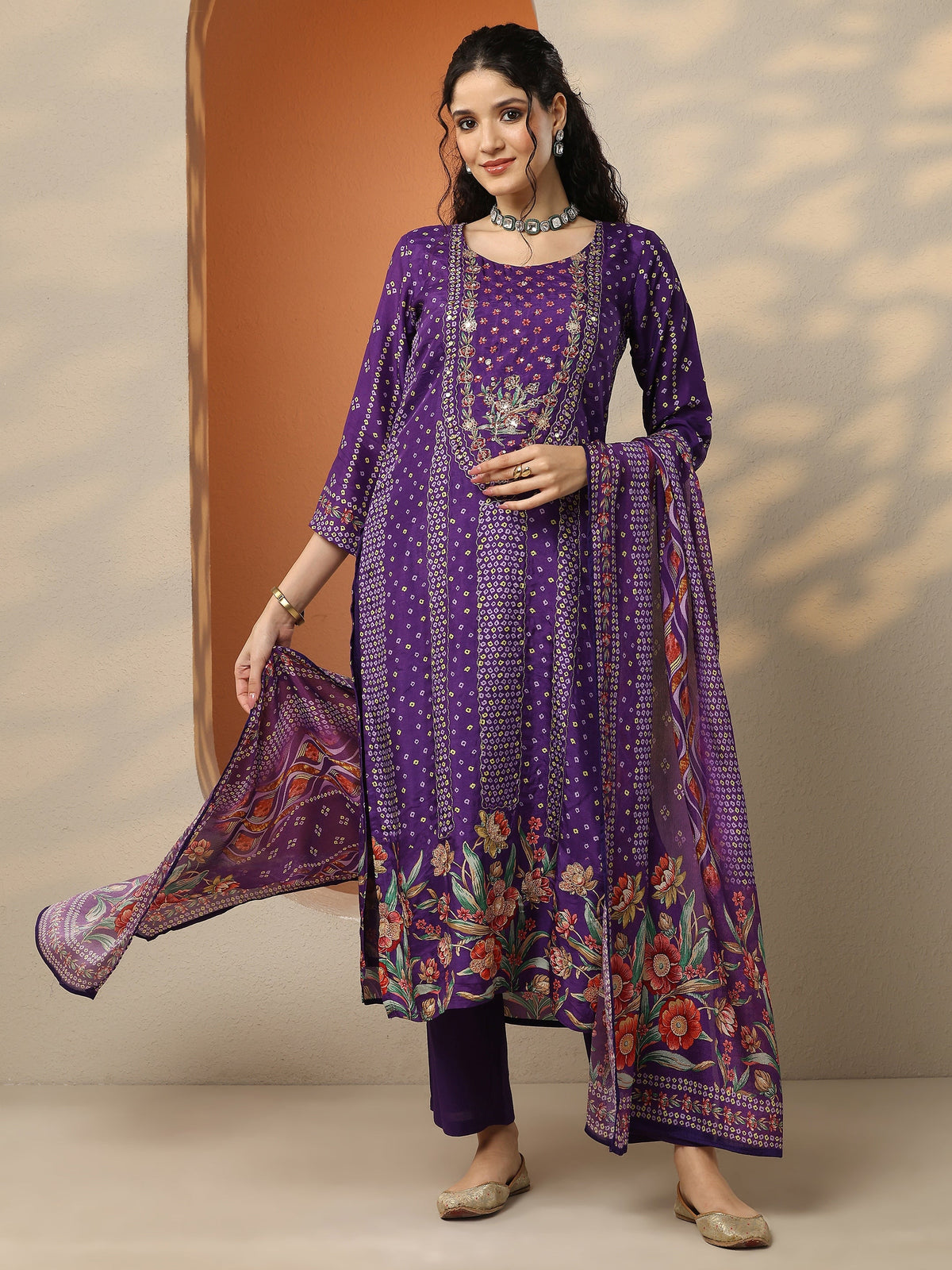 Anouk Purple Bandhani Printed Silk Blend Straight Suit Set With Dupatta