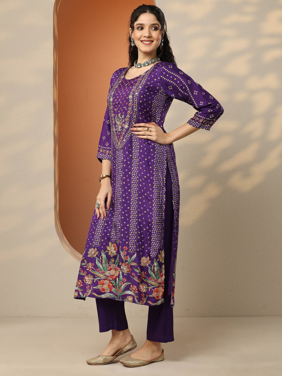 Anouk Purple Bandhani Printed Silk Blend Straight Suit Set With Dupatta