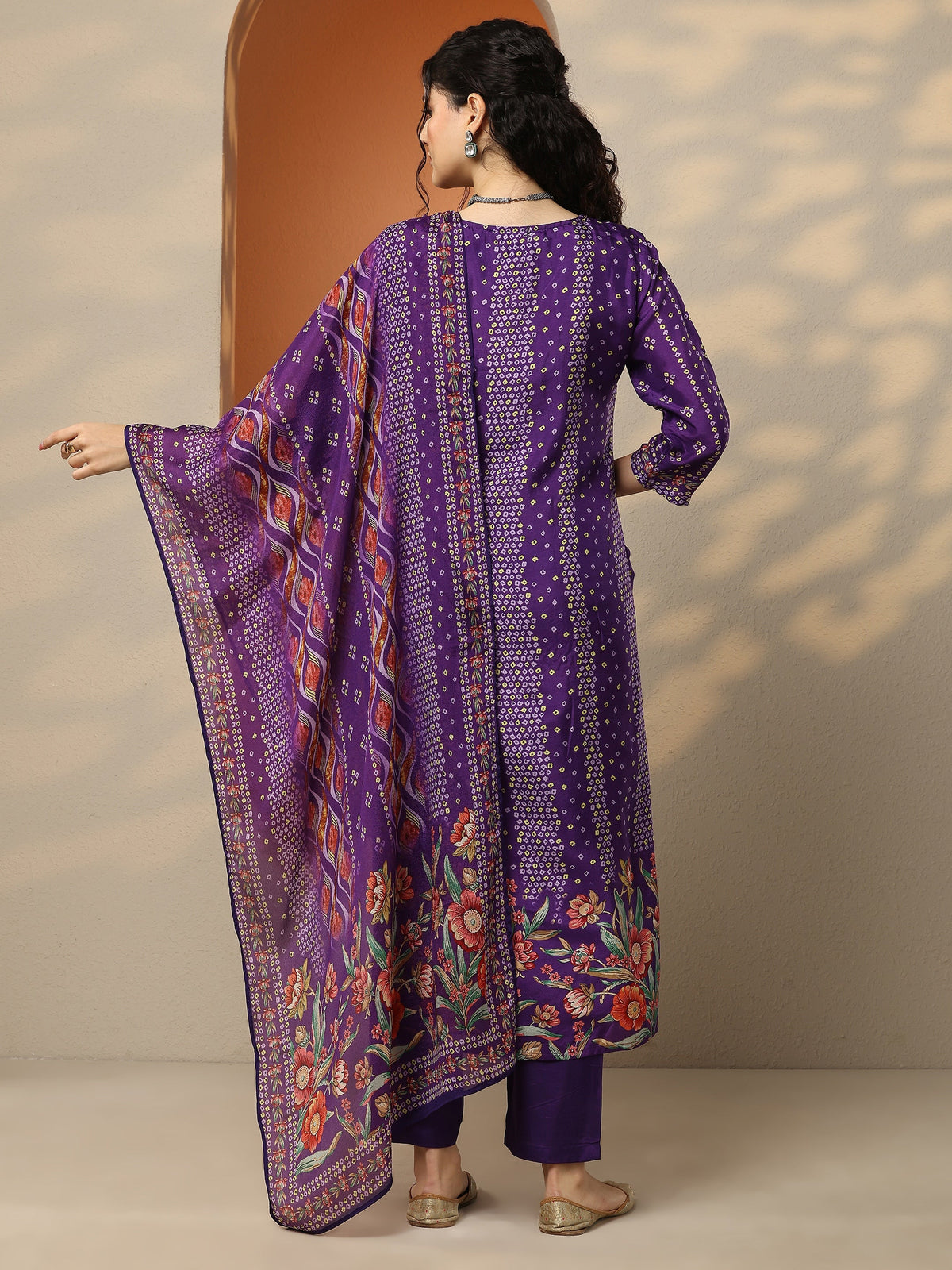 Anouk Purple Bandhani Printed Silk Blend Straight Suit Set With Dupatta