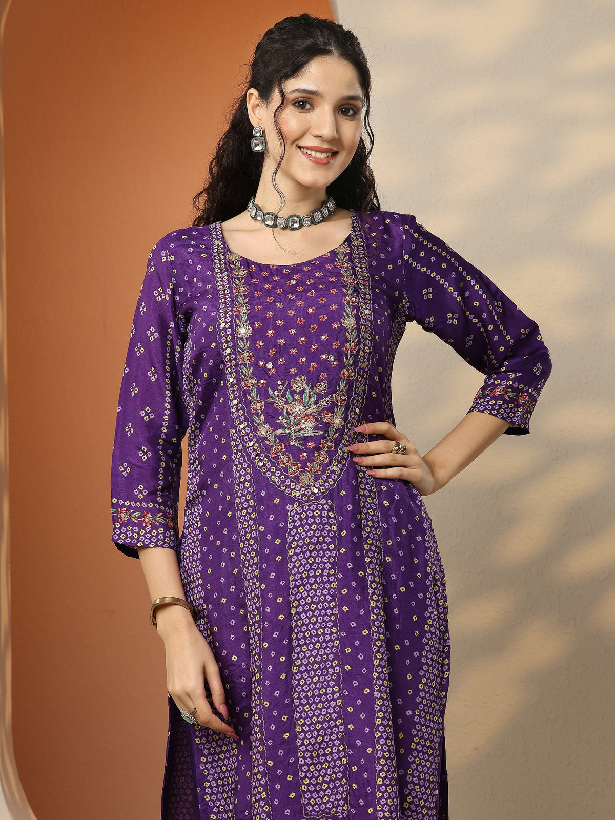 Anouk Purple Bandhani Printed Silk Blend Straight Suit Set With Dupatta