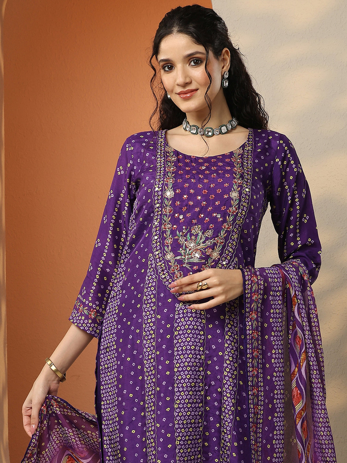 Anouk Purple Bandhani Printed Silk Blend Straight Suit Set With Dupatta