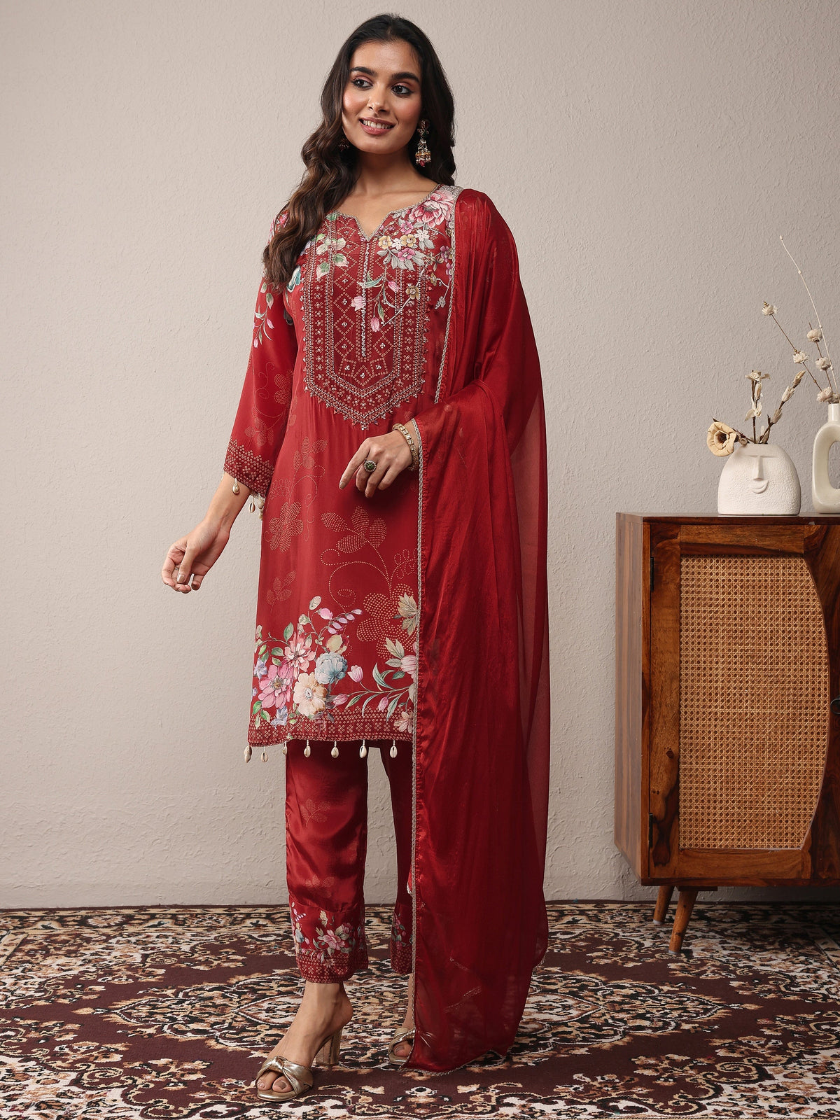 Anouk Maroon Printed Silk Crepe Straight Suit Set With Dupatta