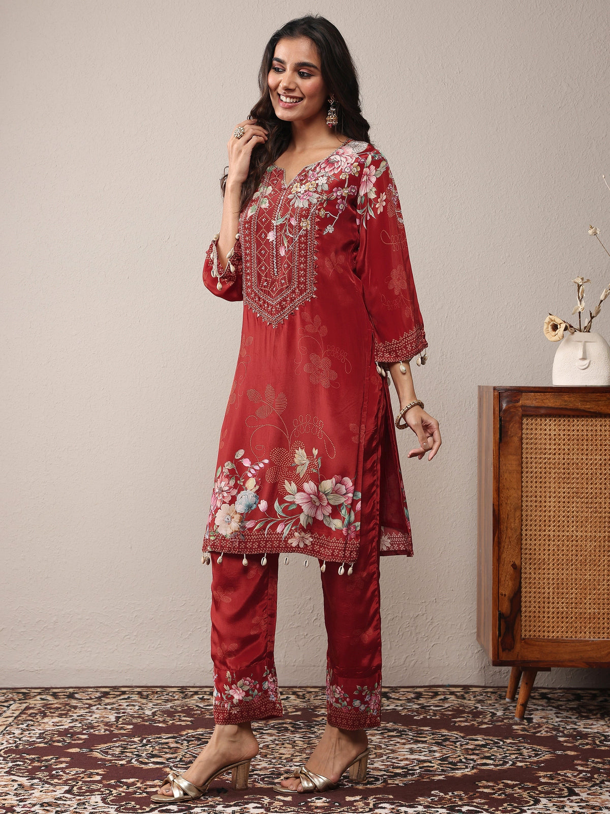 Anouk Maroon Printed Silk Crepe Straight Suit Set With Dupatta