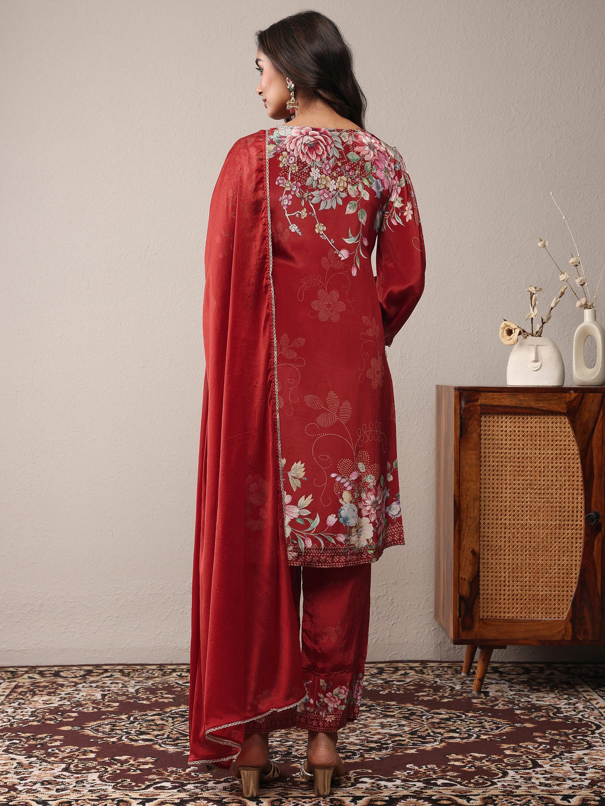 Anouk Maroon Printed Silk Crepe Straight Suit Set With Dupatta