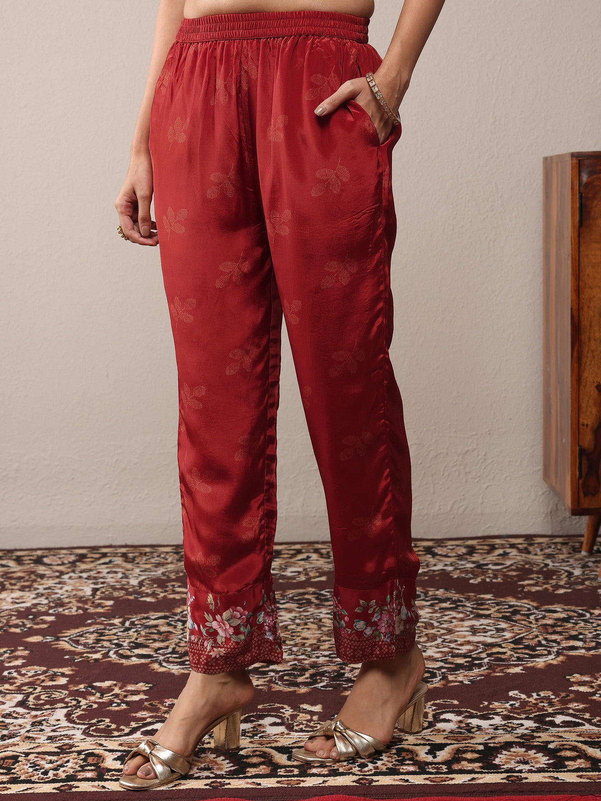Anouk Maroon Printed Silk Crepe Straight Suit Set With Dupatta