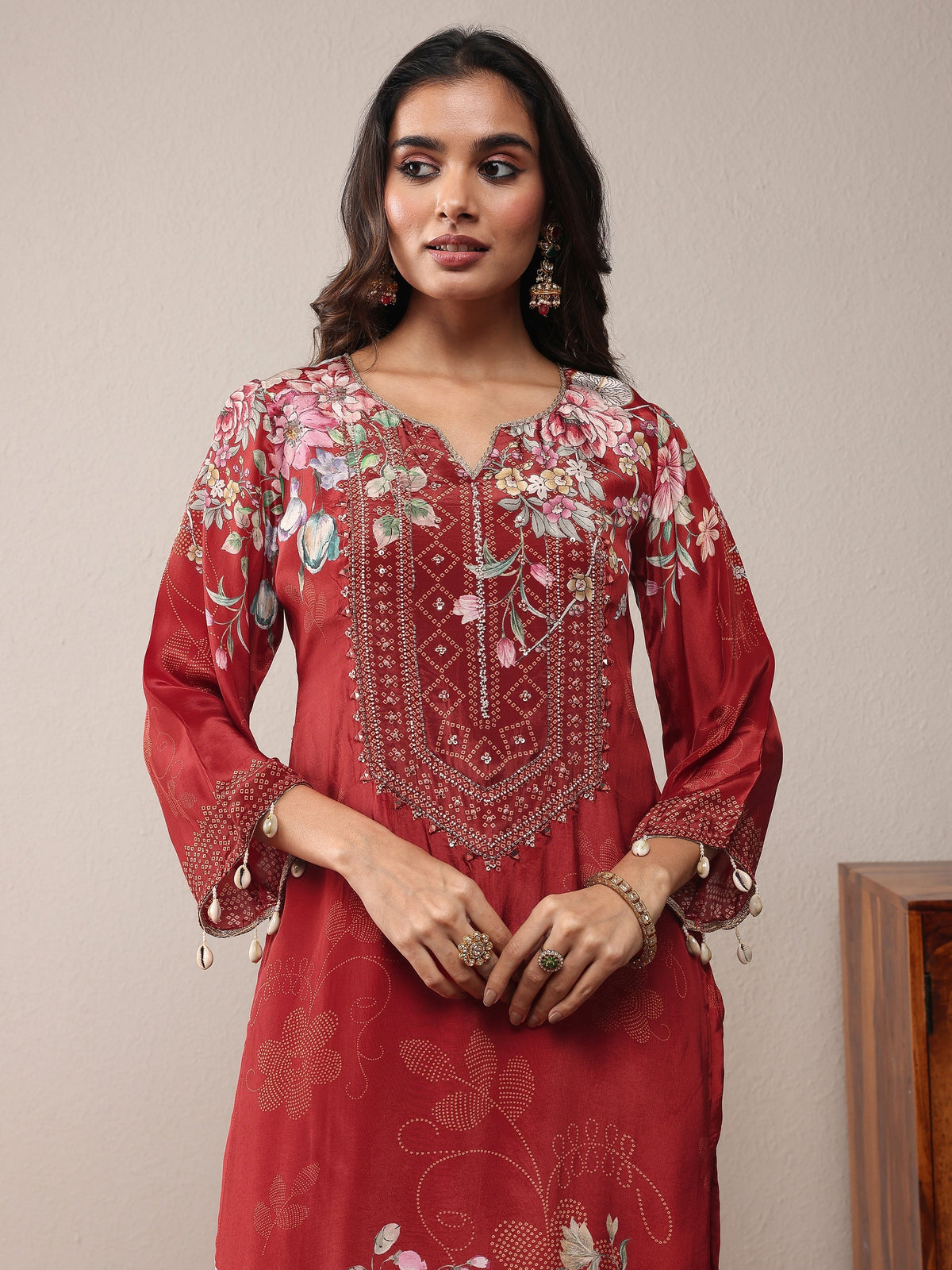 Anouk Maroon Printed Silk Crepe Straight Suit Set With Dupatta