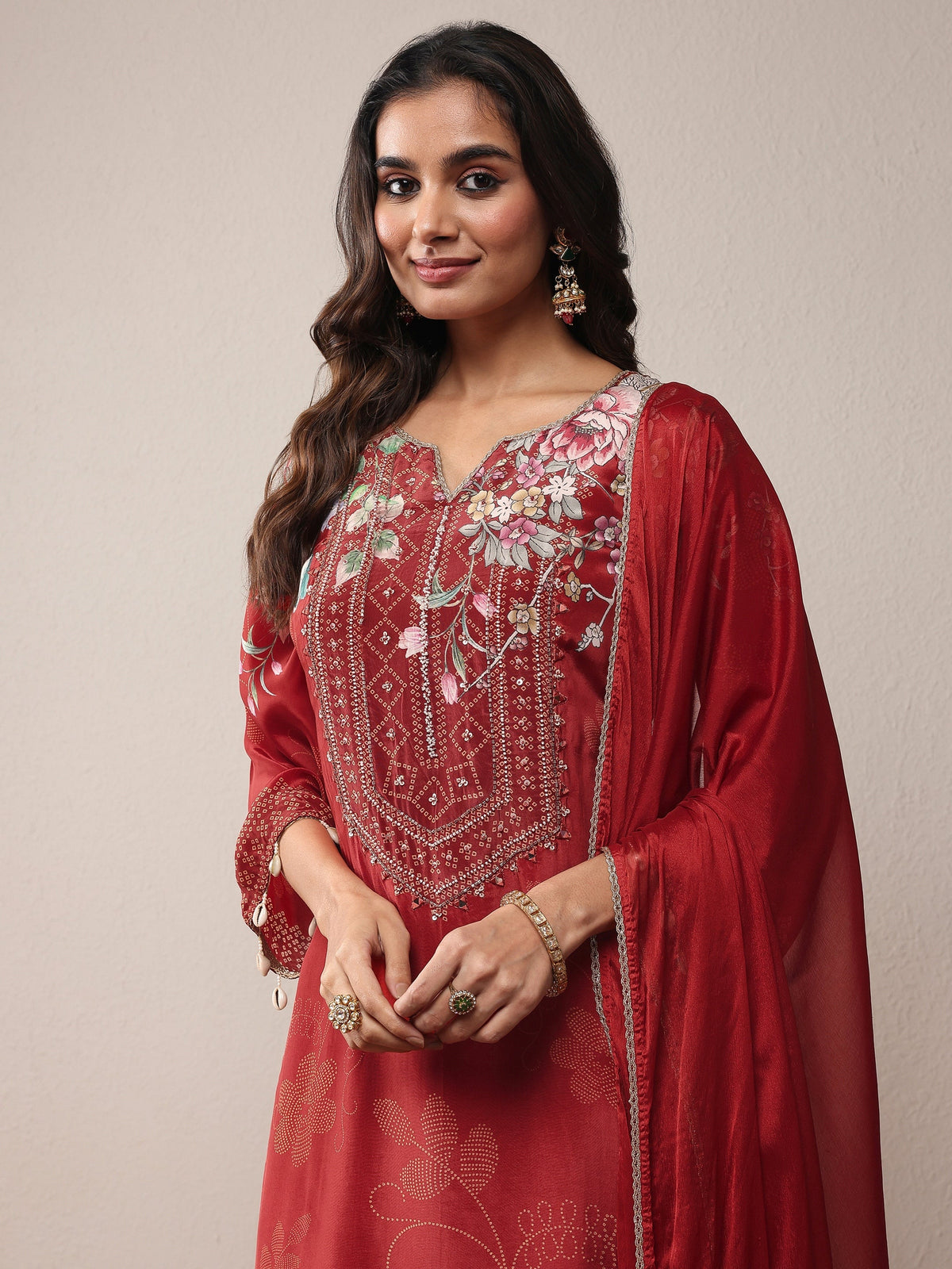 Anouk Maroon Printed Silk Crepe Straight Suit Set With Dupatta