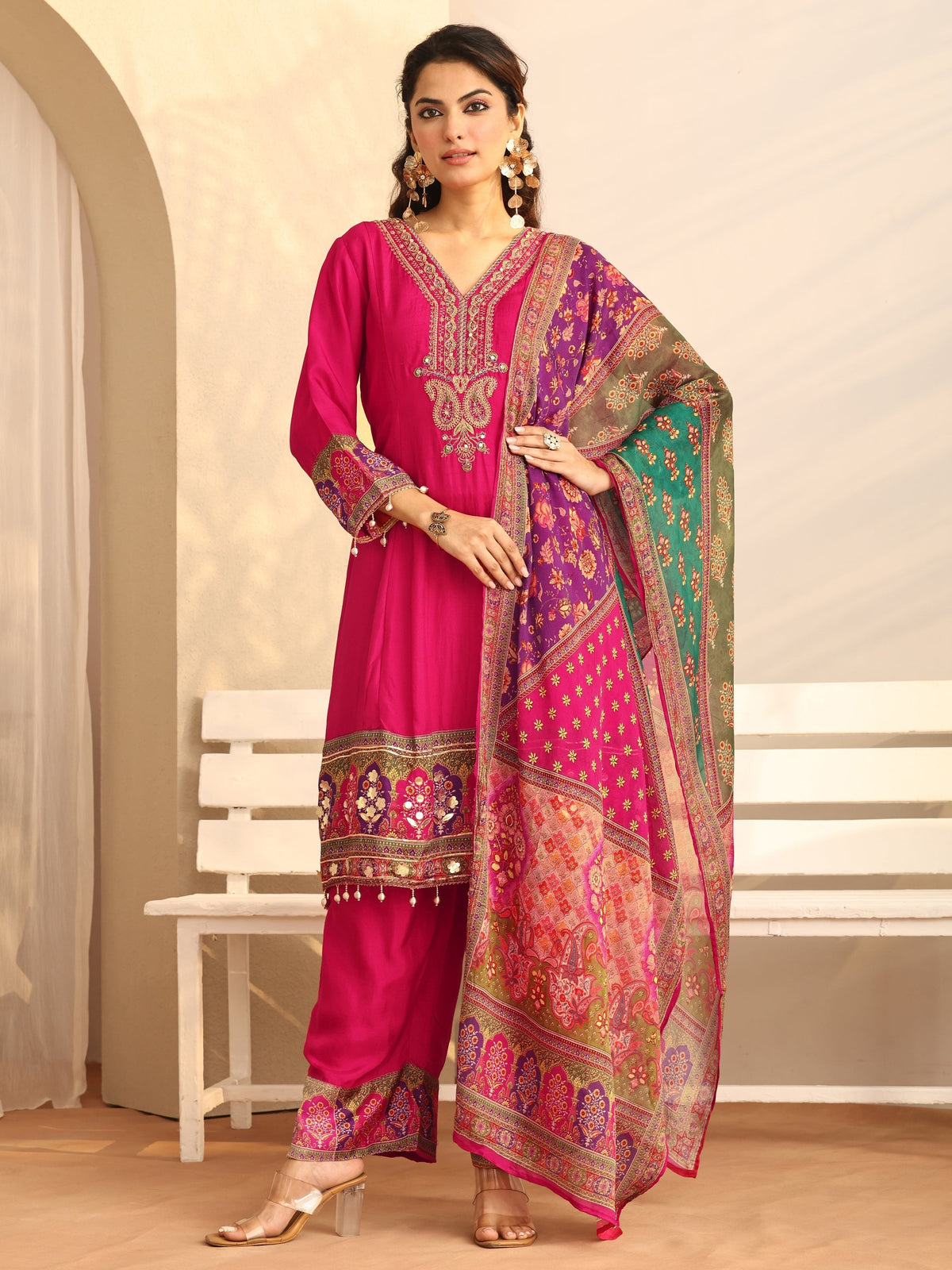 Anouk Pink Printed Silk Blend A-Line Suit Set With Dupatta