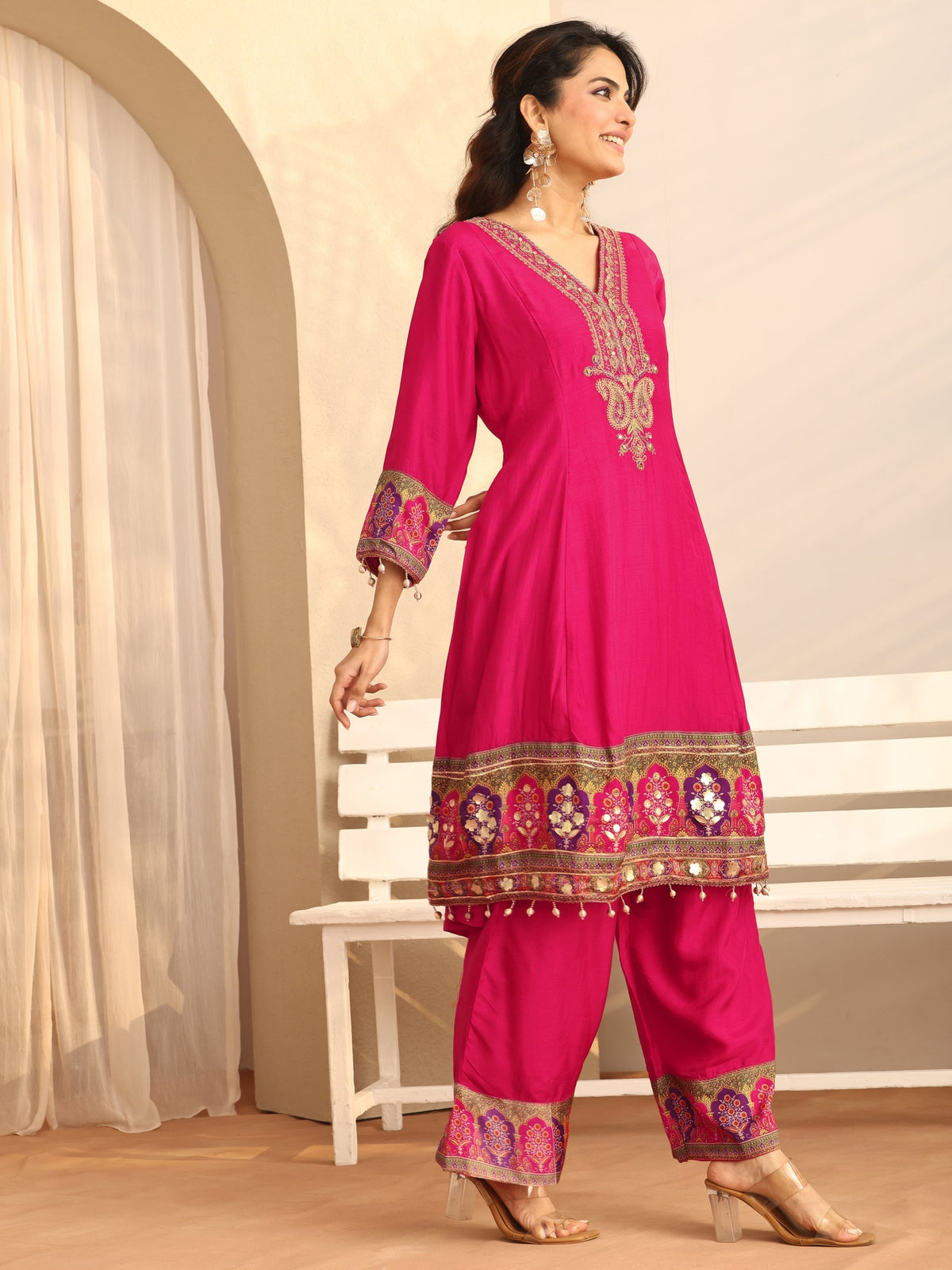 Anouk Pink Printed Silk Blend A-Line Suit Set With Dupatta