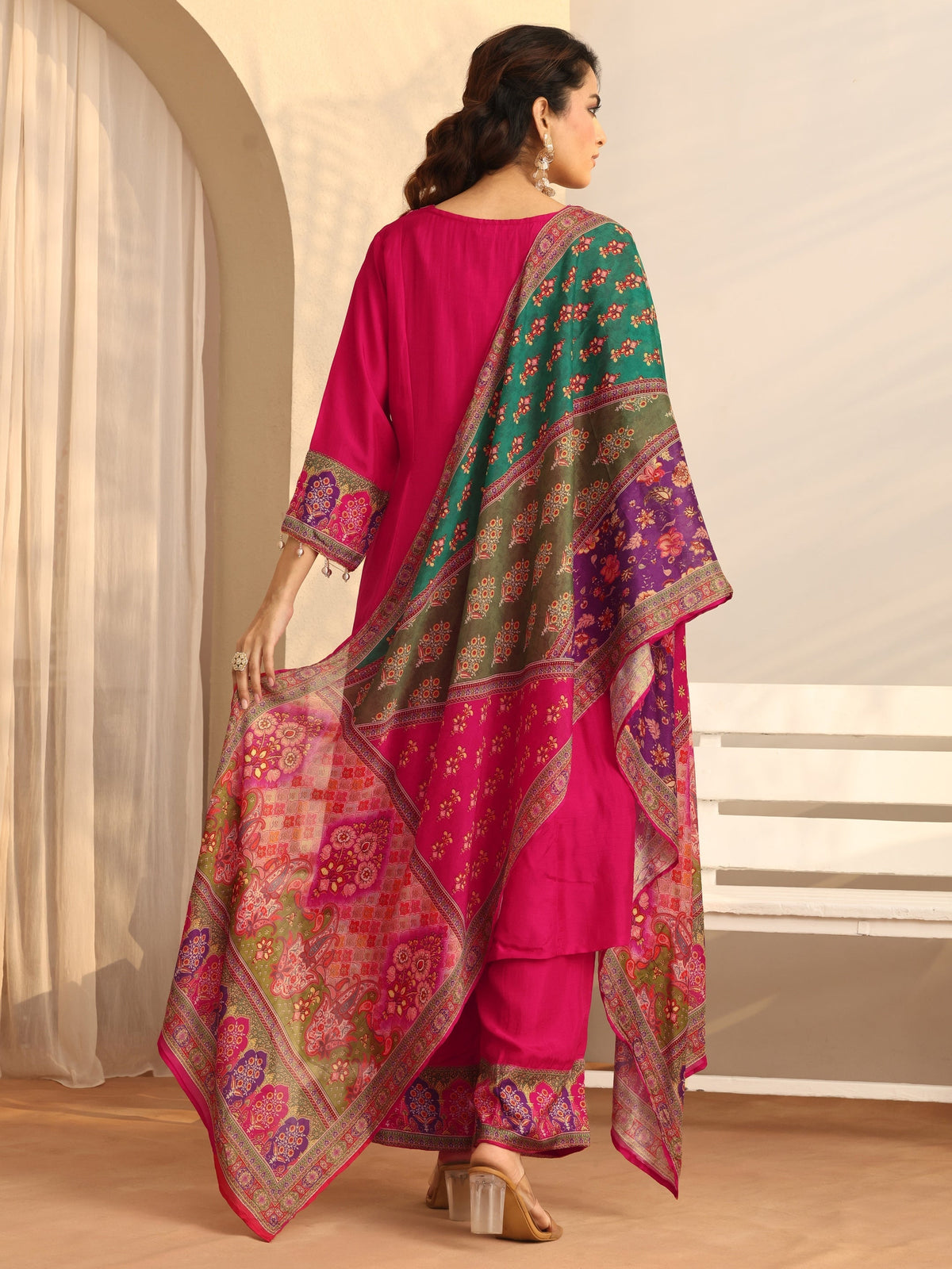 Anouk Pink Printed Silk Blend A-Line Suit Set With Dupatta