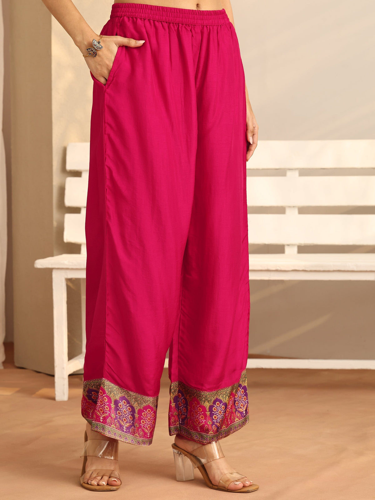 Anouk Pink Printed Silk Blend A-Line Suit Set With Dupatta
