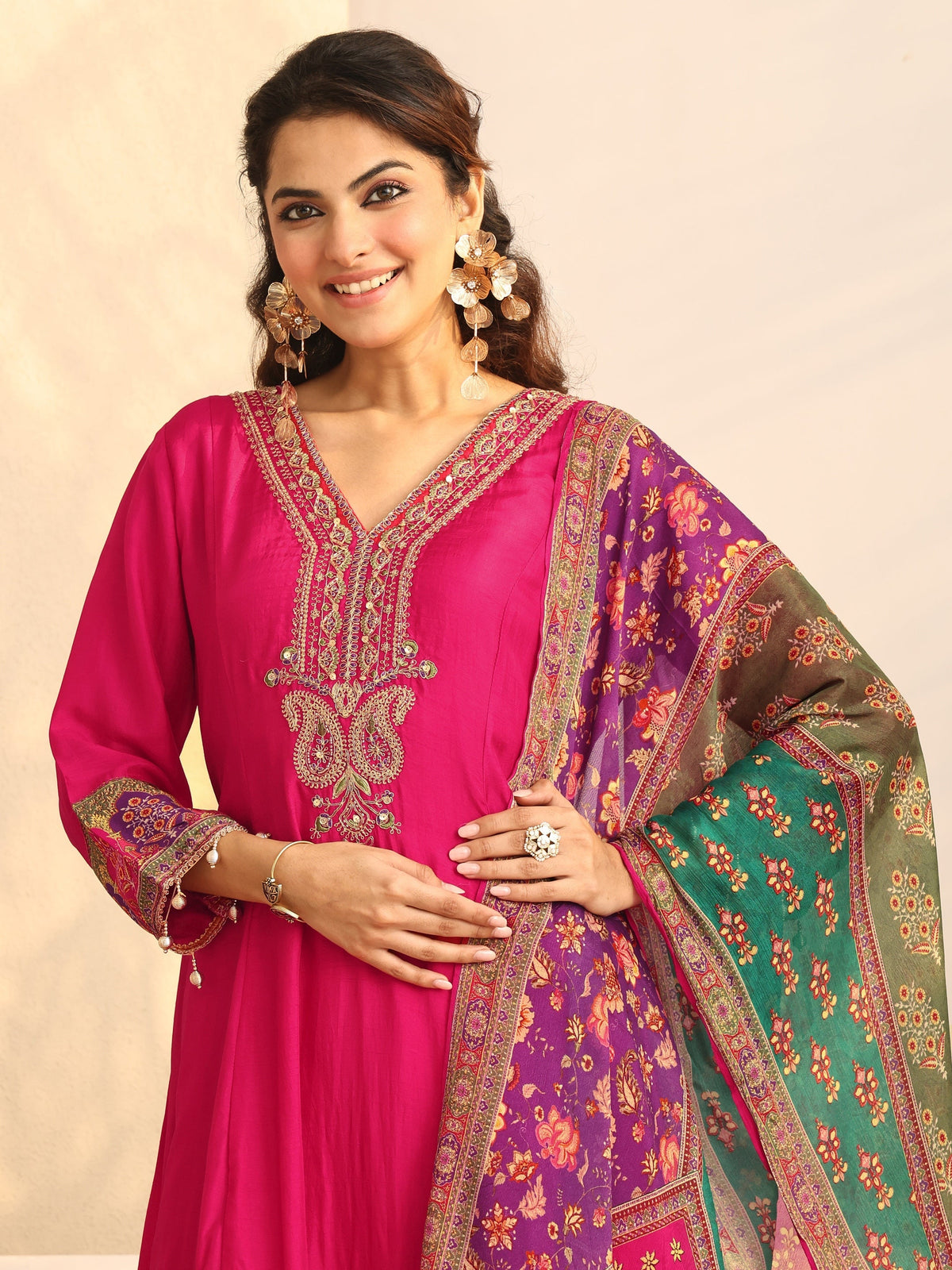 Anouk Pink Printed Silk Blend A-Line Suit Set With Dupatta