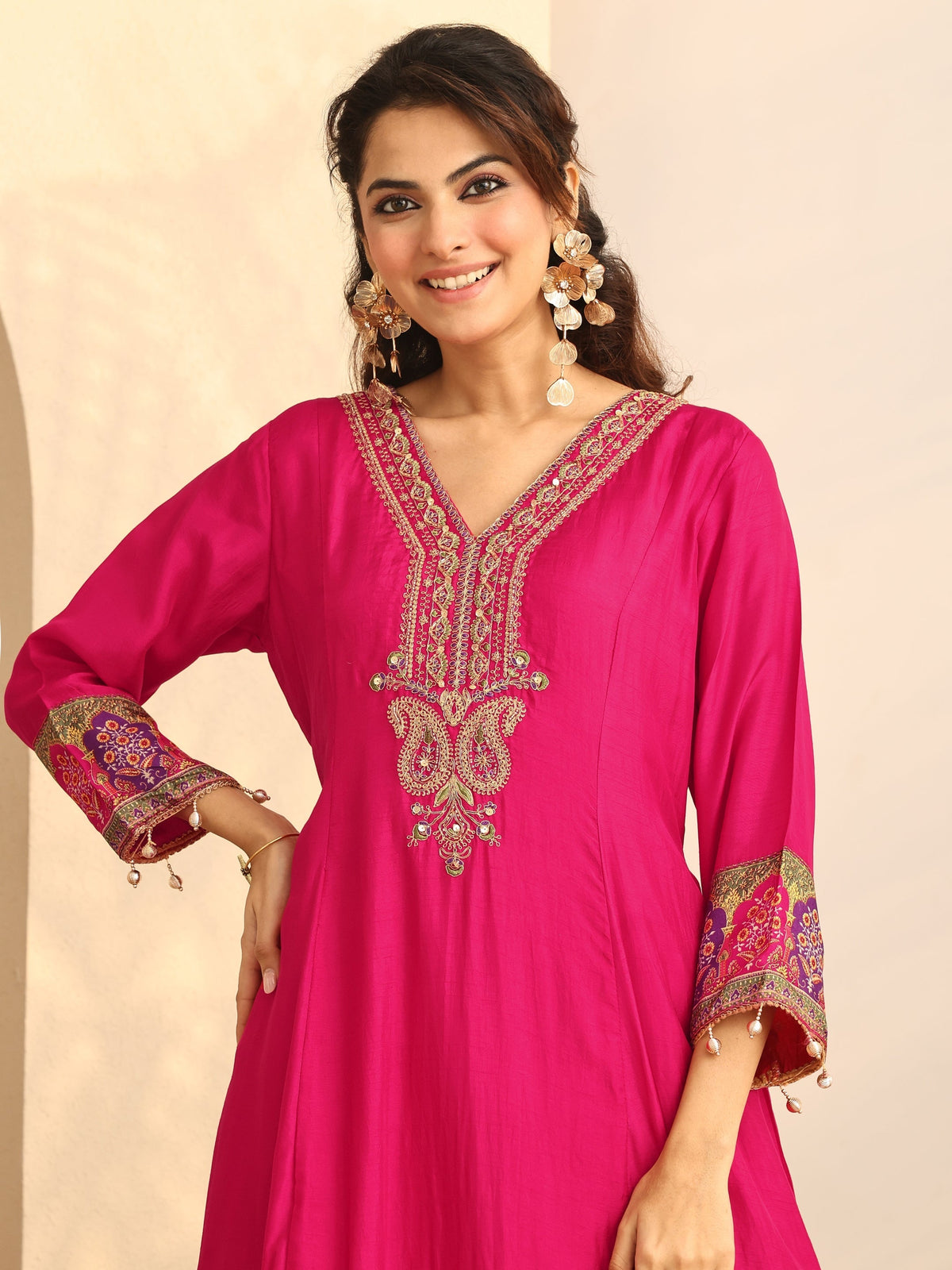 Anouk Pink Printed Silk Blend A-Line Suit Set With Dupatta