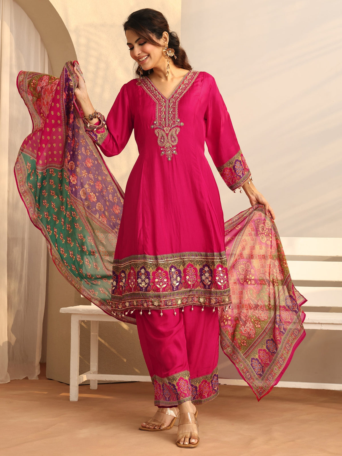 Anouk Pink Printed Silk Blend A-Line Suit Set With Dupatta
