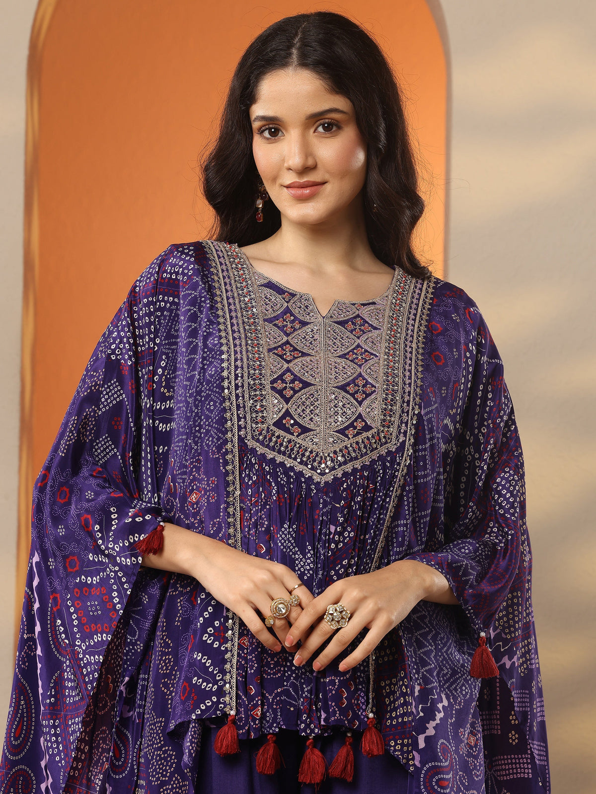 Anouk Purple Bandhani Printed A-Line Kurta Set