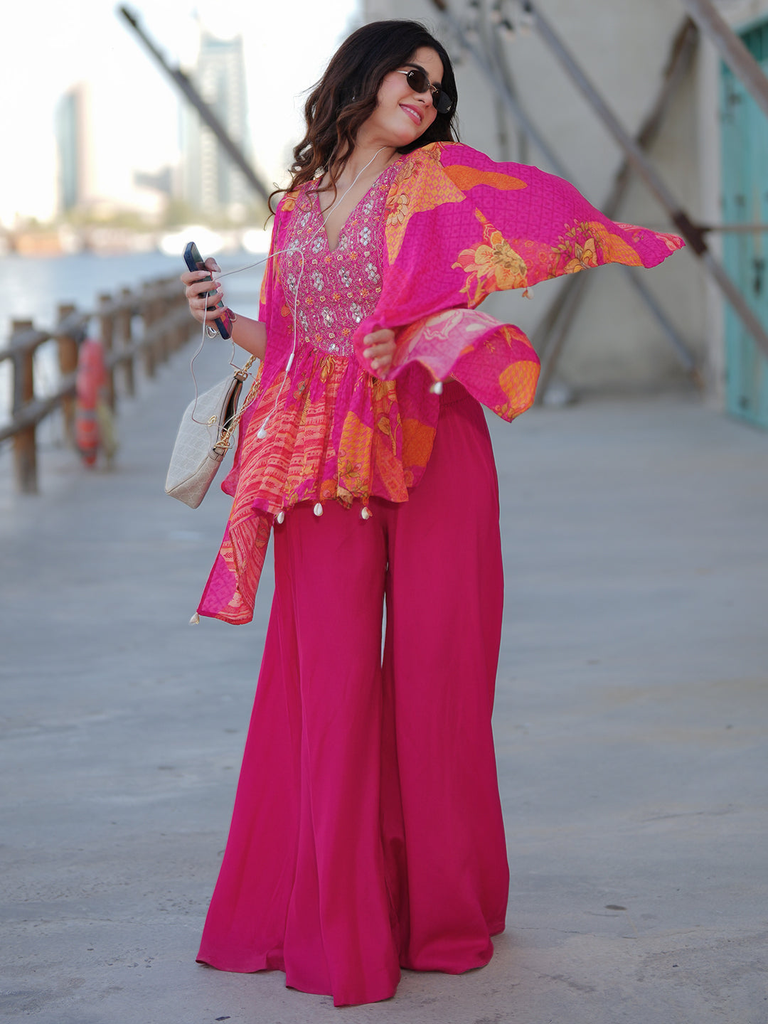 Anouk Pink Printed Crepe A-Line Kurta Set
