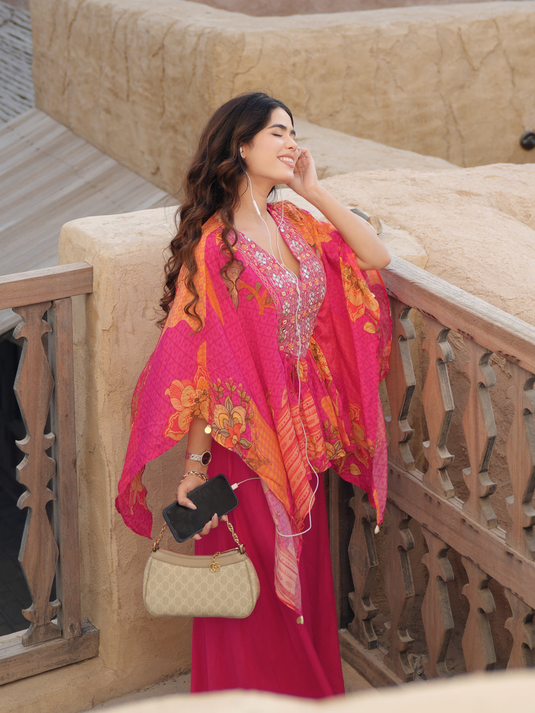 Anouk Pink Printed Crepe A-Line Kurta Set