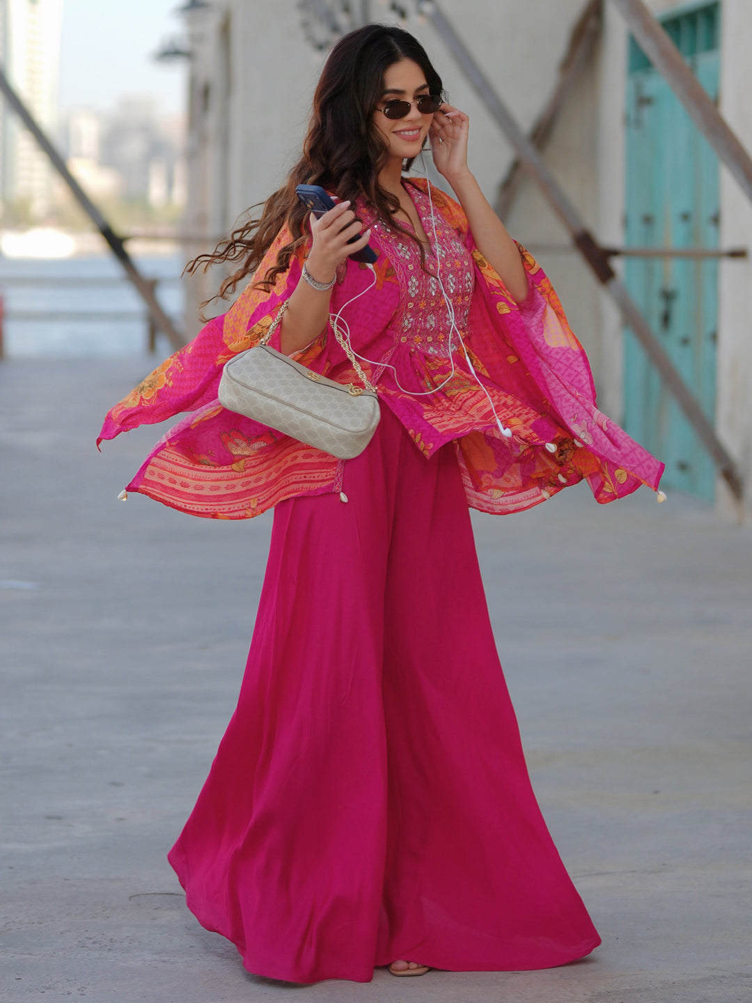 Anouk Pink Printed Crepe A-Line Kurta Set