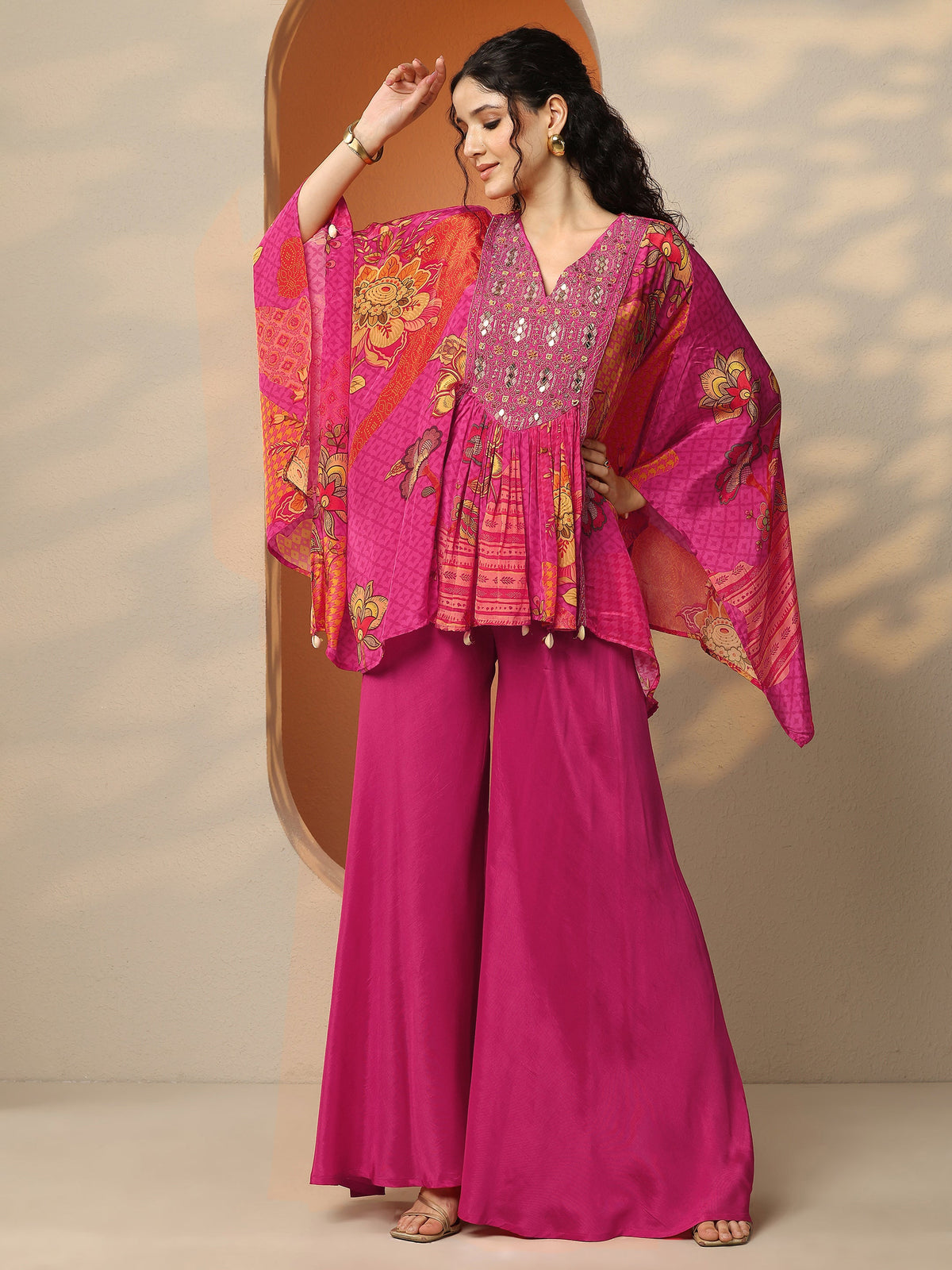Anouk Pink Printed Crepe A-Line Kurta Set