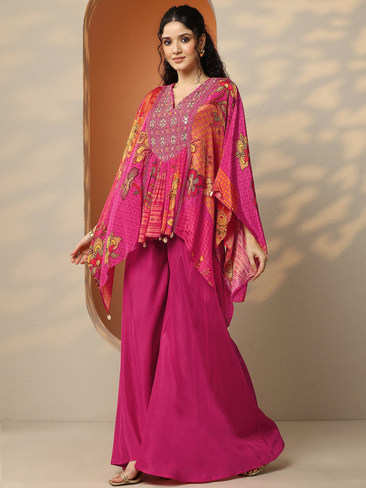 Anouk Pink Printed Crepe A-Line Kurta Set