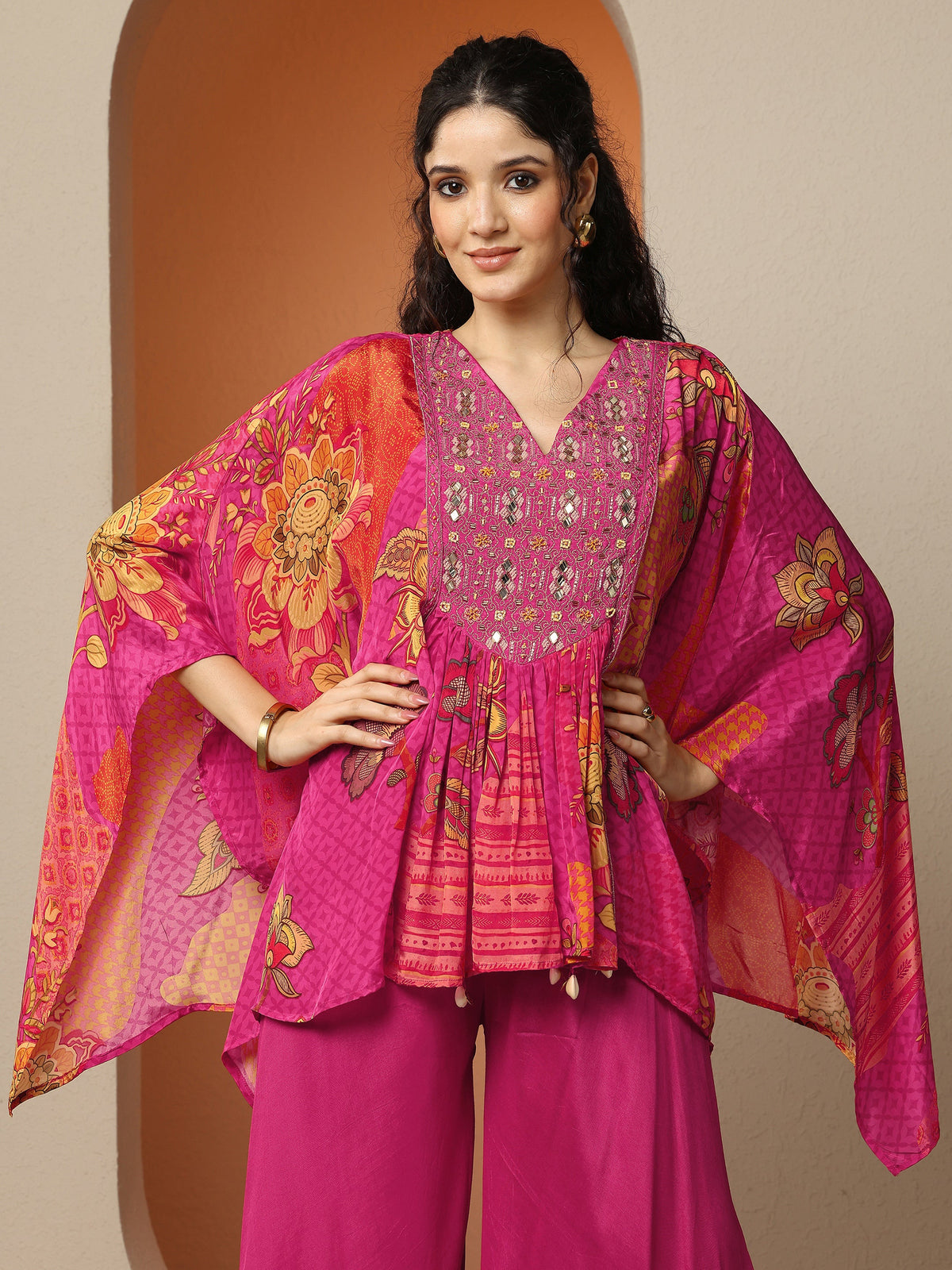 Anouk Pink Printed Crepe A-Line Kurta Set