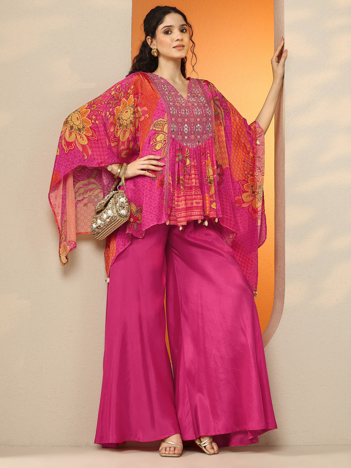Anouk Pink Printed Crepe A-Line Kurta Set