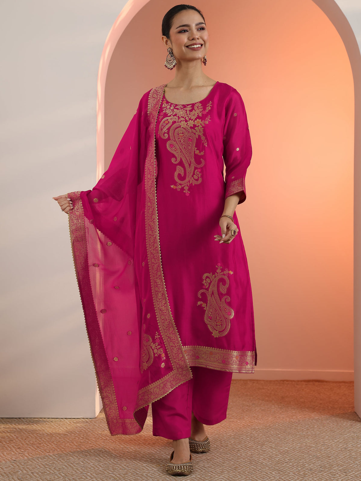 Anouk Pink Woven Design Silk Blend Straight Suit Set With Dupatta