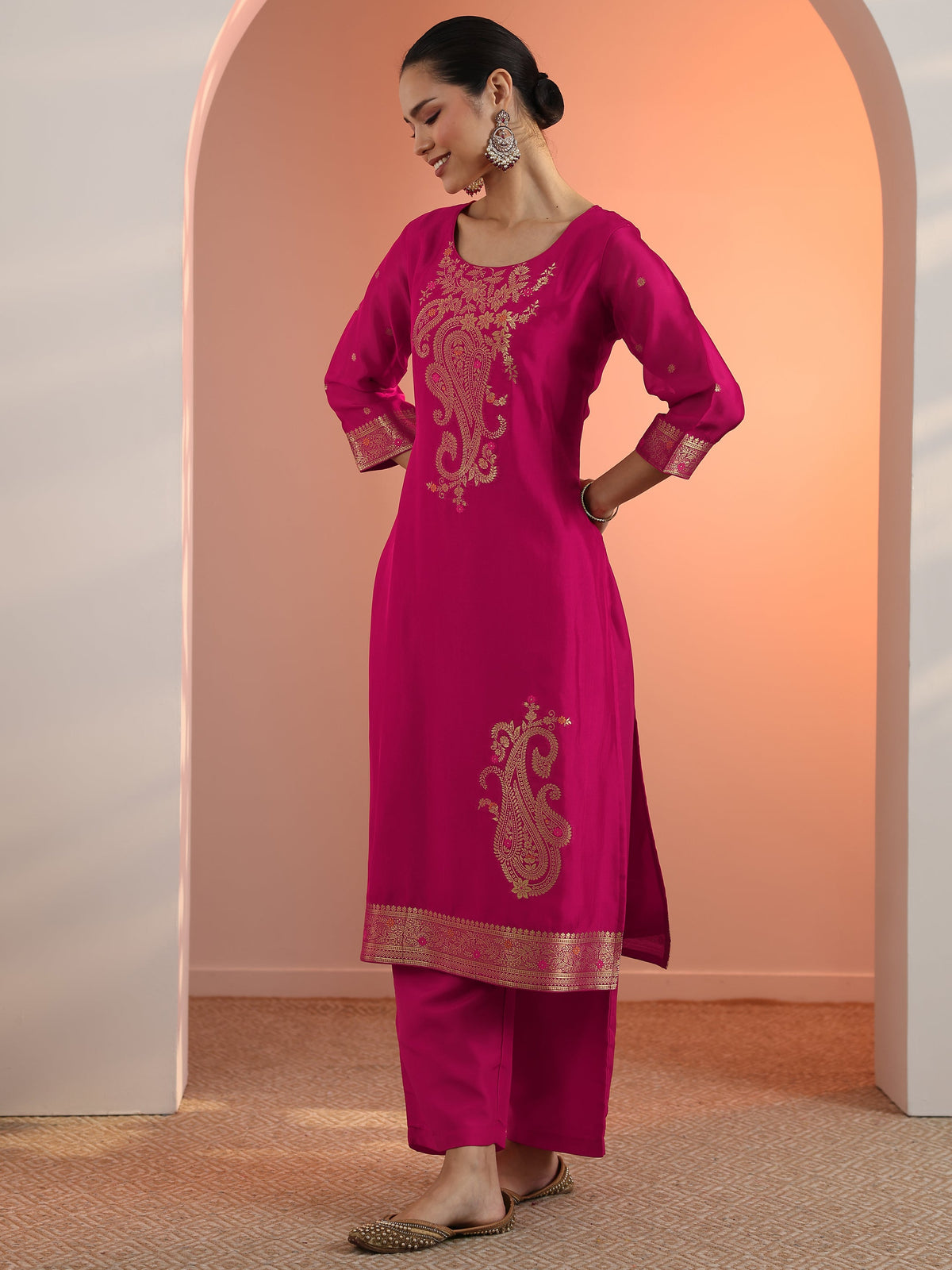 Anouk Pink Woven Design Silk Blend Straight Suit Set With Dupatta