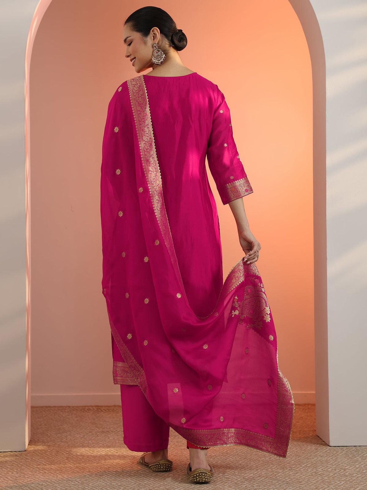 Anouk Pink Woven Design Silk Blend Straight Suit Set With Dupatta
